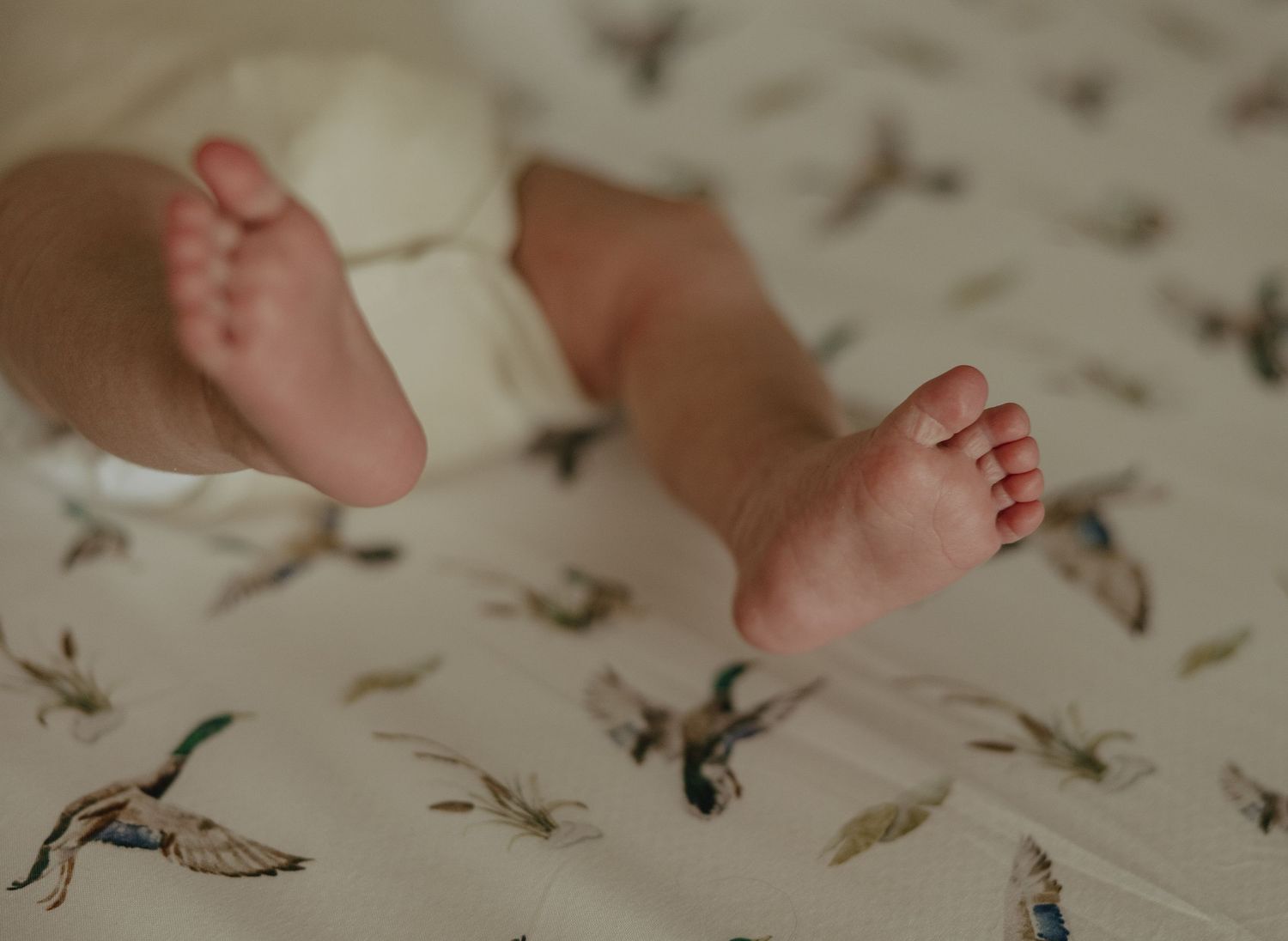 Close-up view of tiny baby feet resting on a patterned surface.