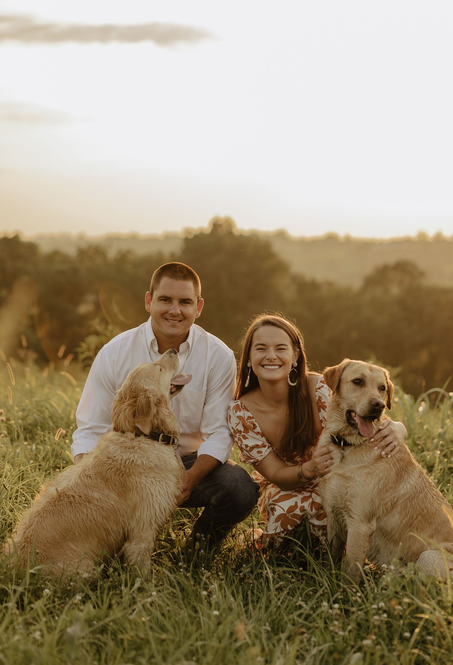 A couple and their three golden retrievers pose together in a meadow during golden hour.