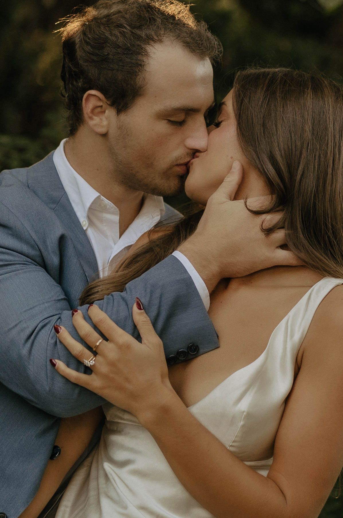Romantic couple sharing intimate kisses in a series of tender moments captured in natural lighting.
