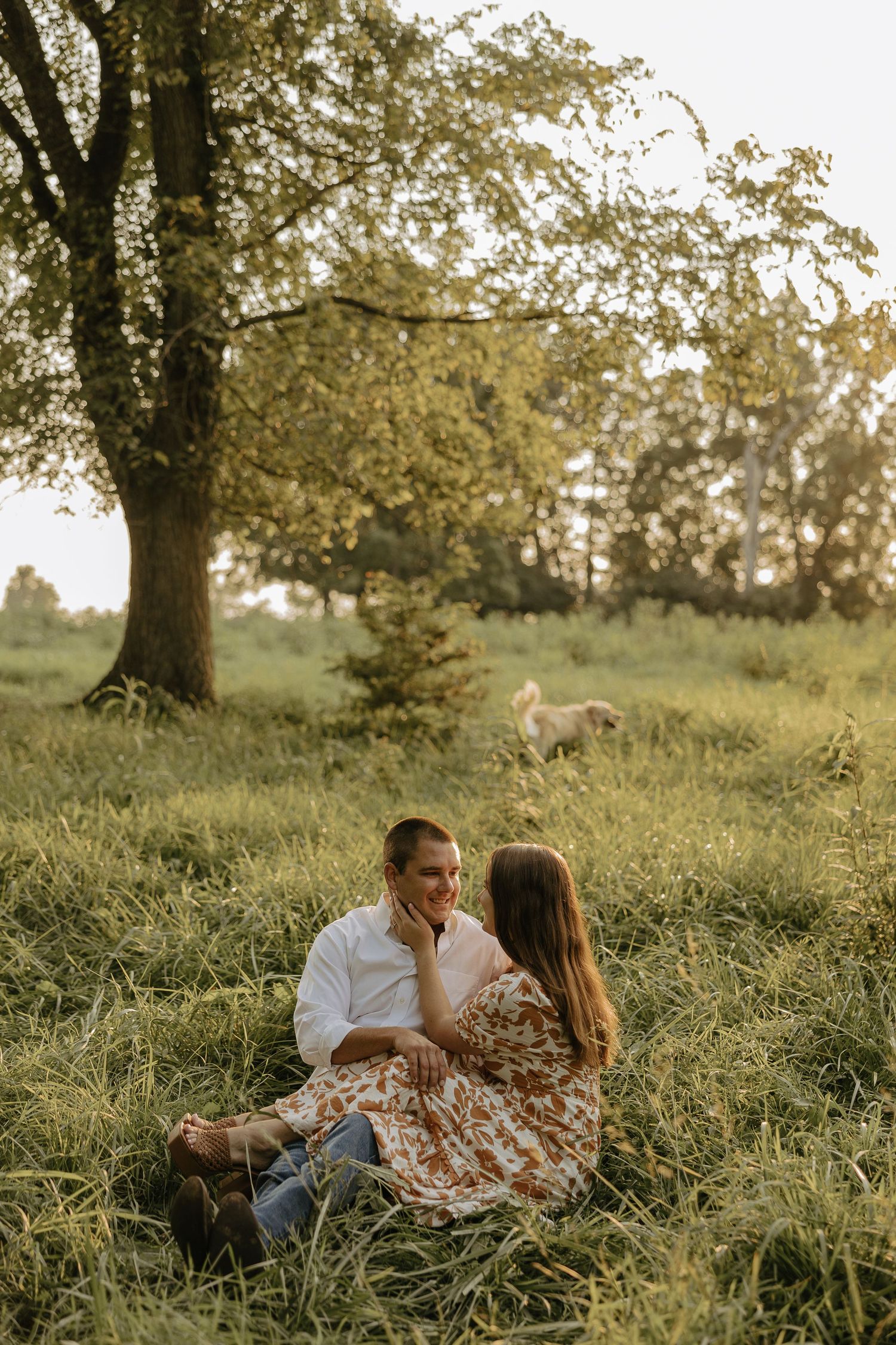 Couple shares intimate moment while sitting in tall grass under a large tree.