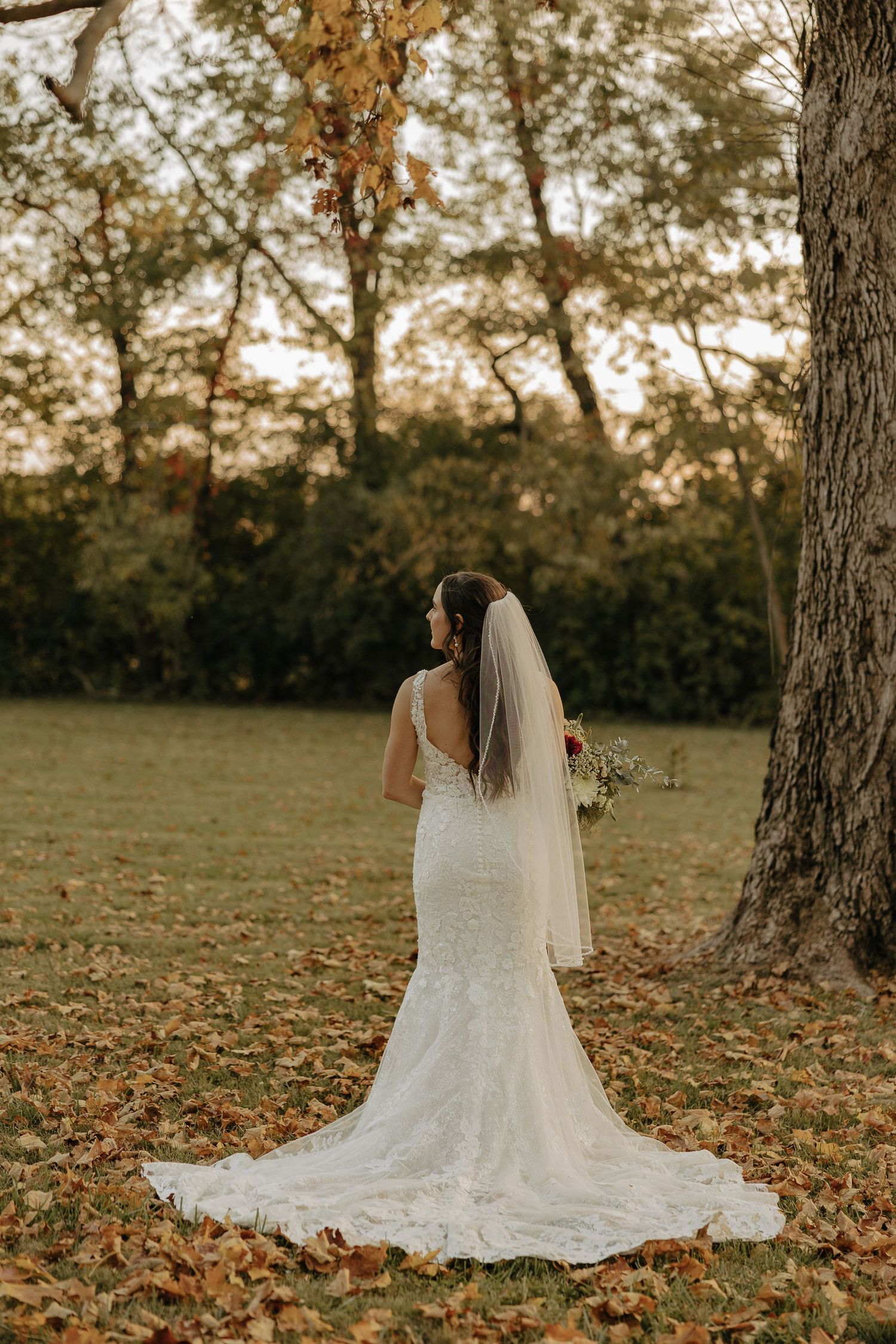 A bride in a lace wedding gown with long train poses in front of autumn trees.