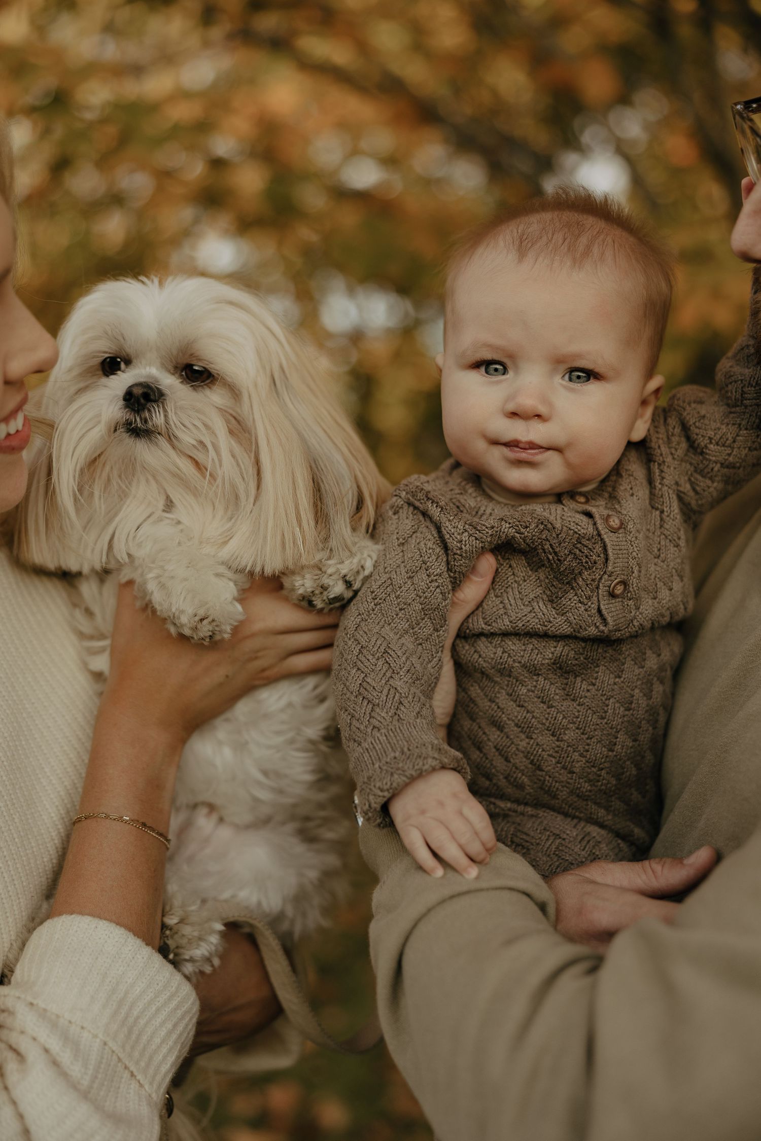 A small white dog and baby in matching brown knit outfits pose together outdoors.