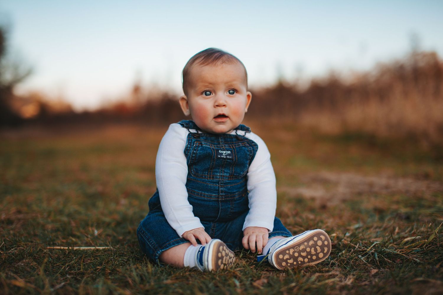 A small child in denim overalls crawls on grass during an outdoor photo session.