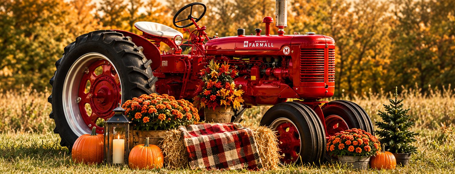 Vintage red Farmall tractor decorated with fall pumpkins, mums, hay bales, and a plaid blanket in an autumn farm setting.