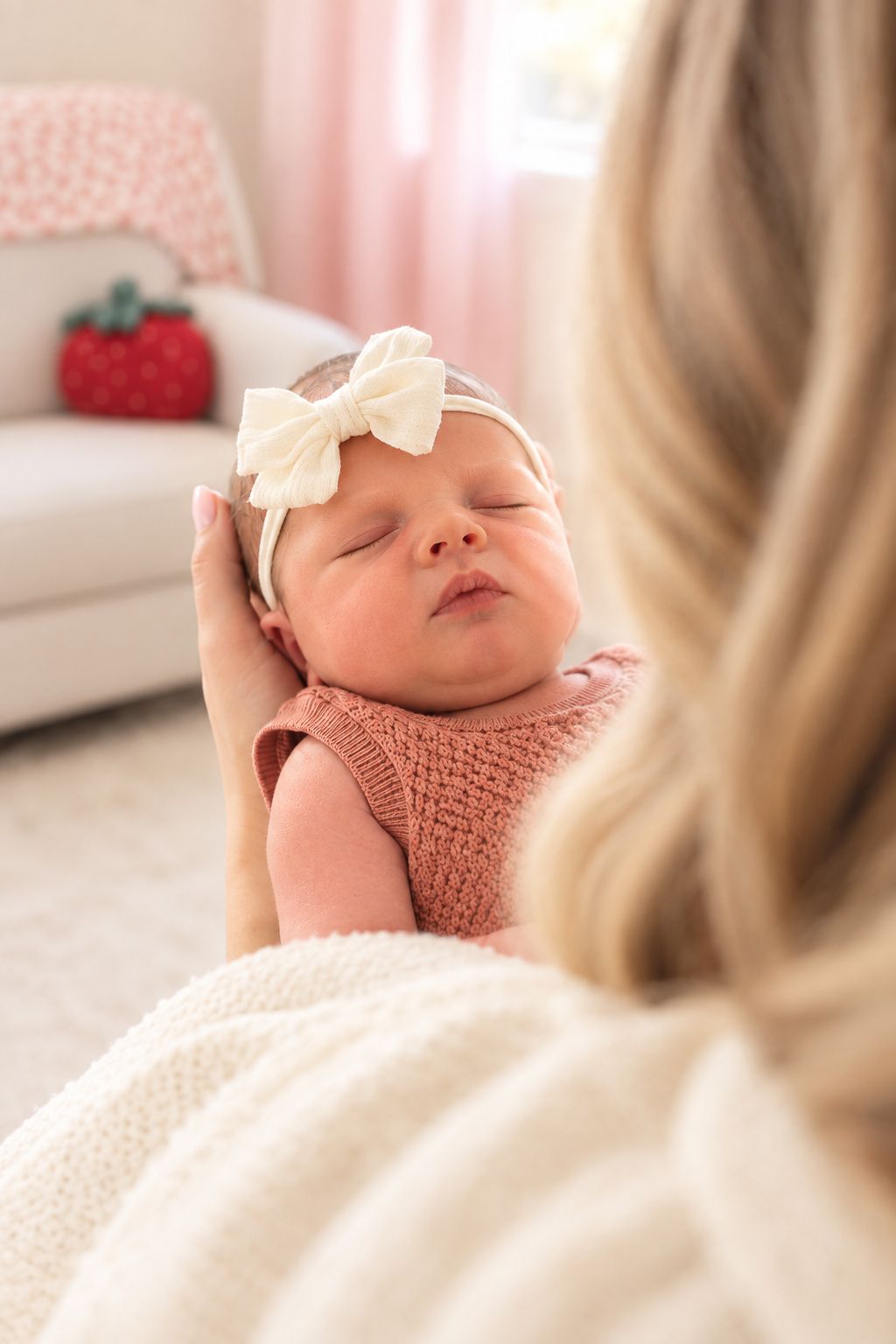 A mother cradles her sleeping newborn baby girl wearing a pink knit outfit and white bow headband.