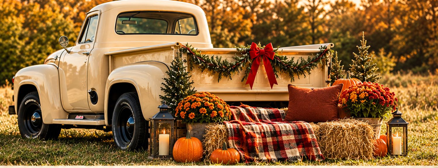 Vintage cream pickup truck decorated with fall harvest pumpkins, mums, plaid blanket, and Christmas greenery in autumn field.