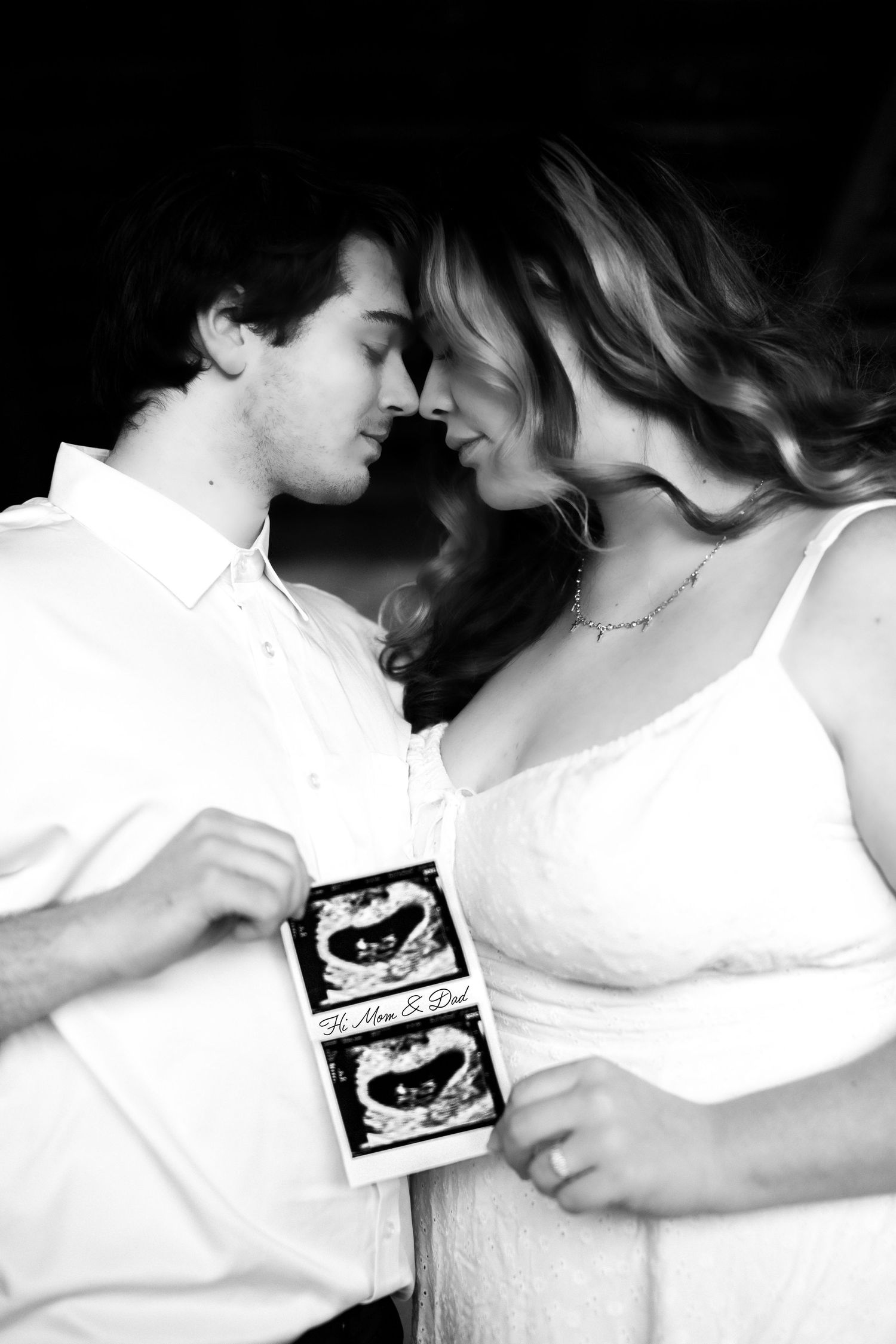 Black and white photo sequence showing a couple holding ultrasound photos together.