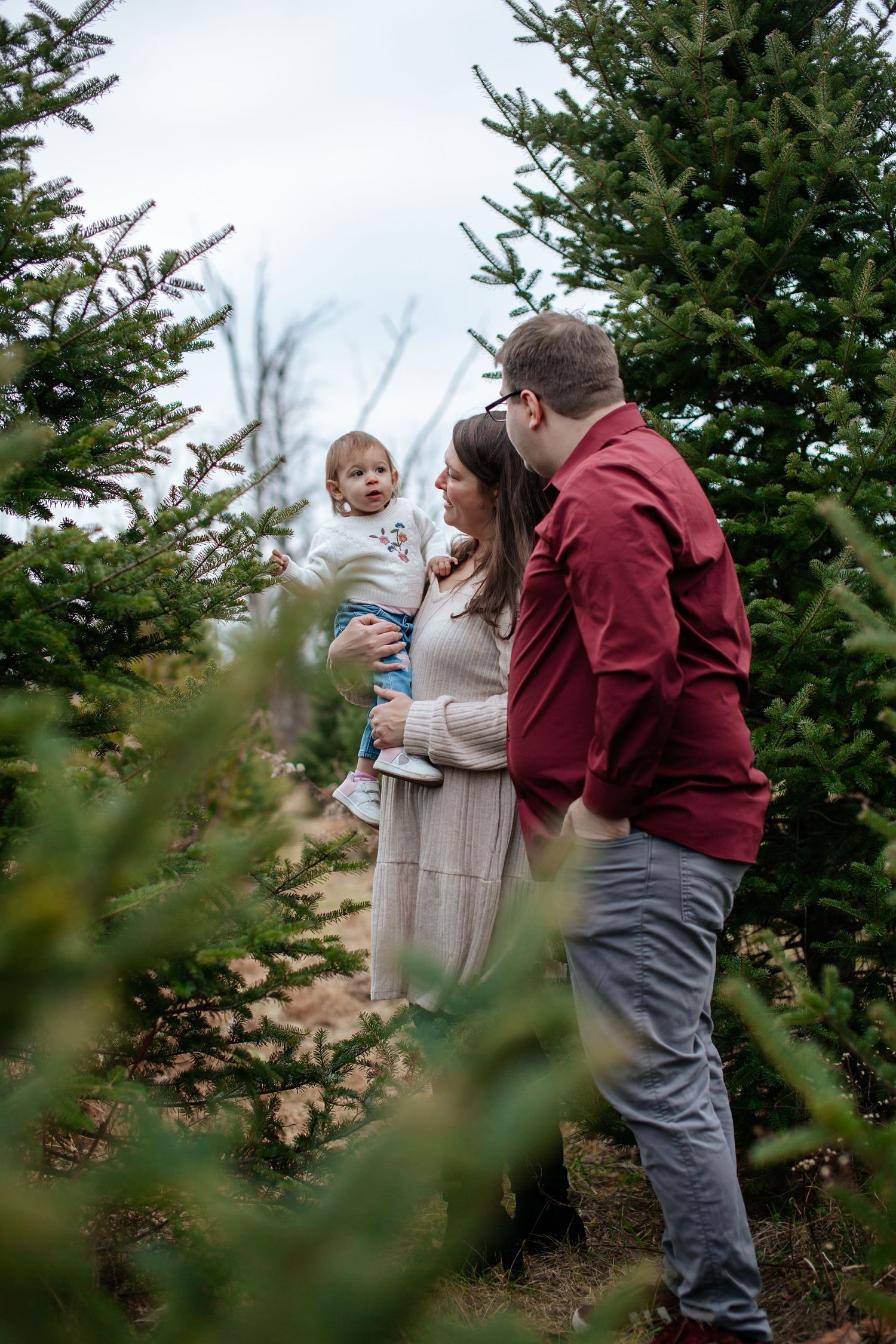 A family shares tender moments while selecting a Christmas tree at an evergreen farm on a winter day.
