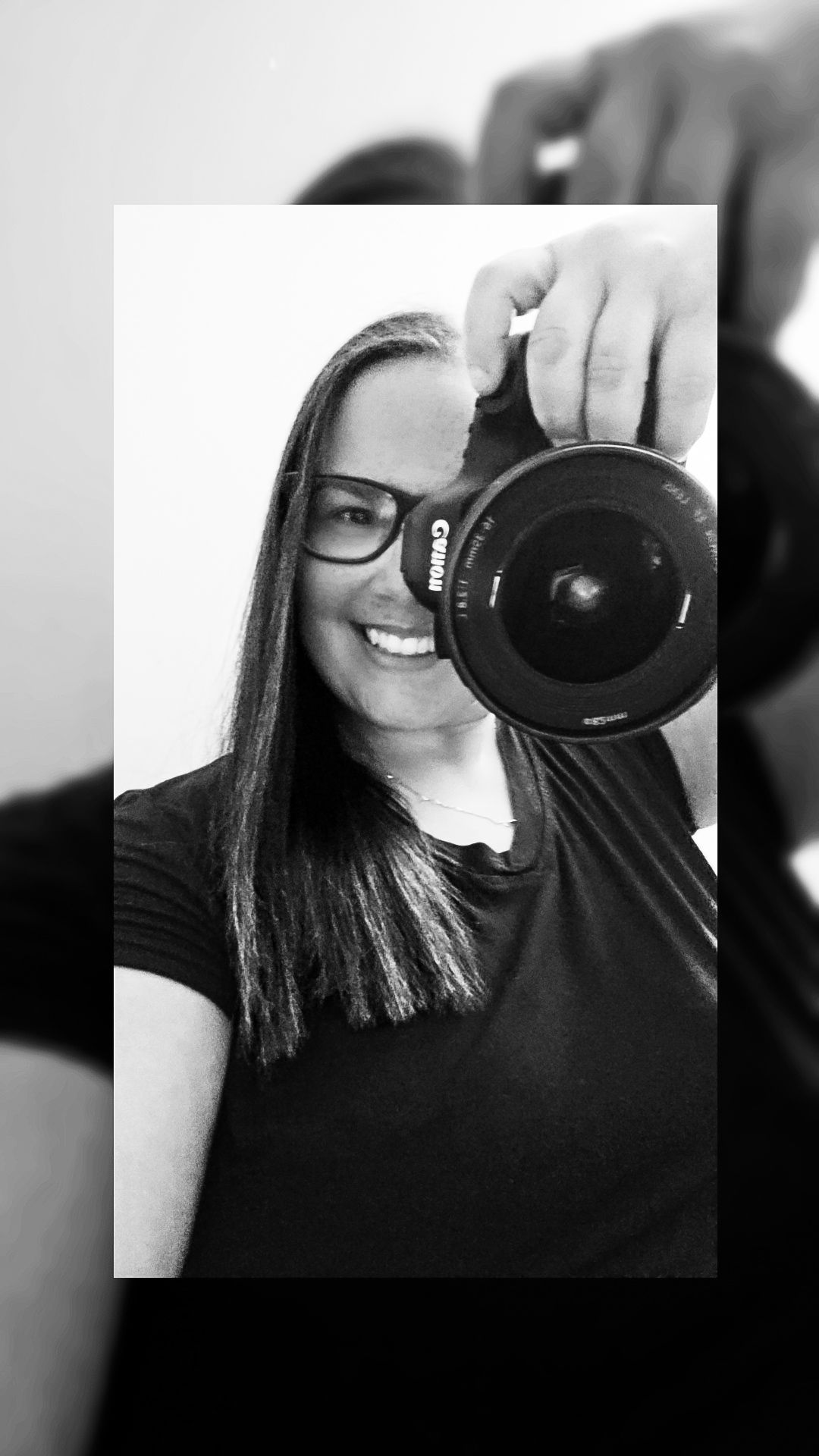 Black and white selfie series showing a person holding a camera lens in front of their face.