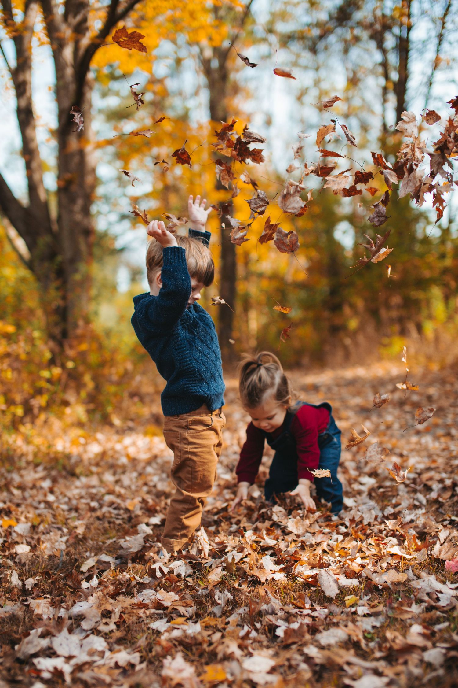 Children play in a pile of fallen autumn leaves on a sunny day in the woods, kicking and throwing leaves in the air.