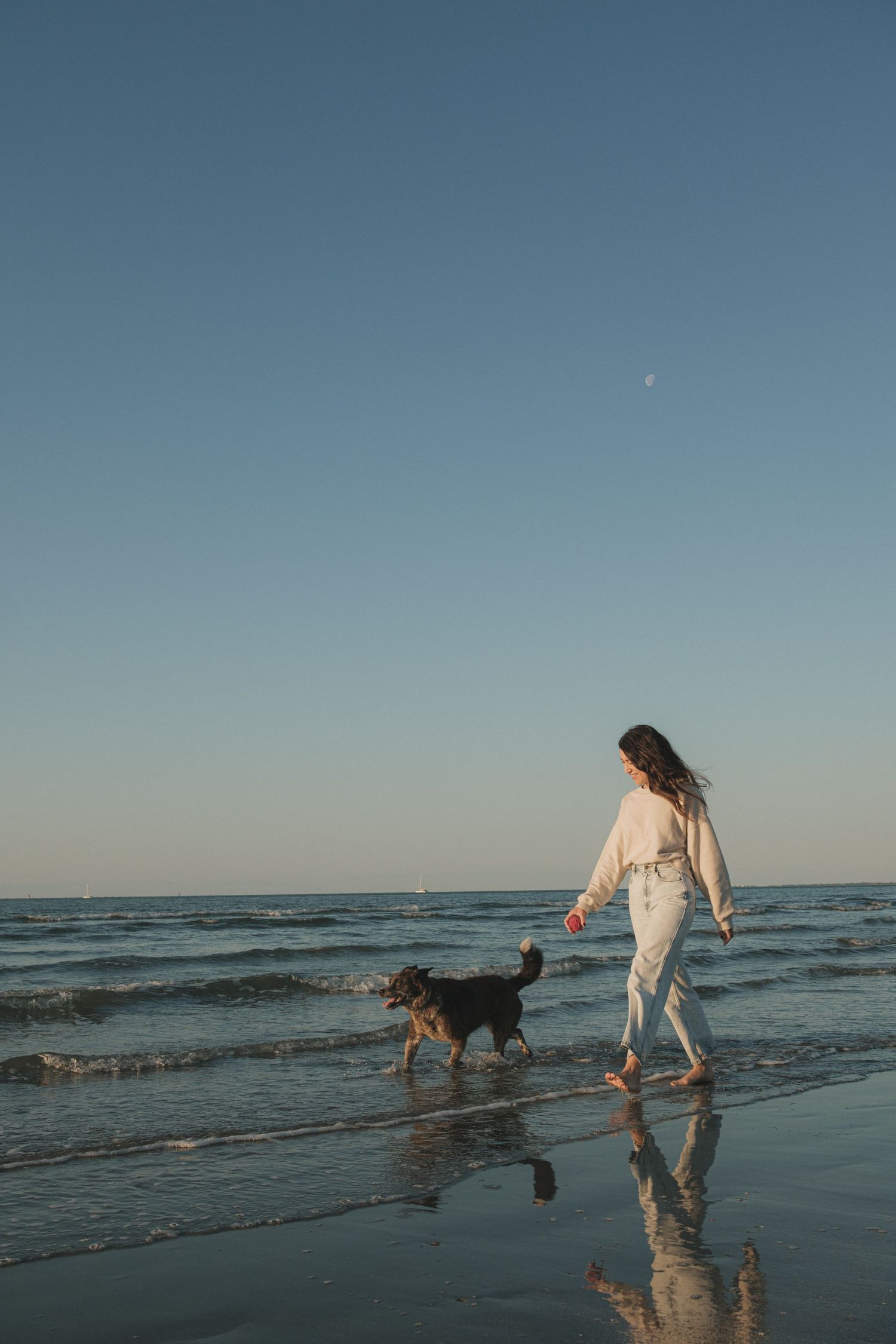 Woman walking with her dog along Charleston beach at sunrise, with soft golden light and gentle waves in the background