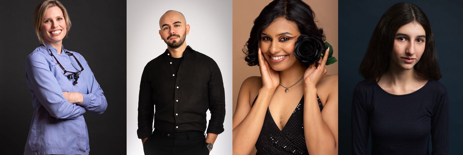 Four professional headshots featuring a dentist, a man in black, a smiling woman in sequins, and a dark-haired young actor, Cambridge, UK