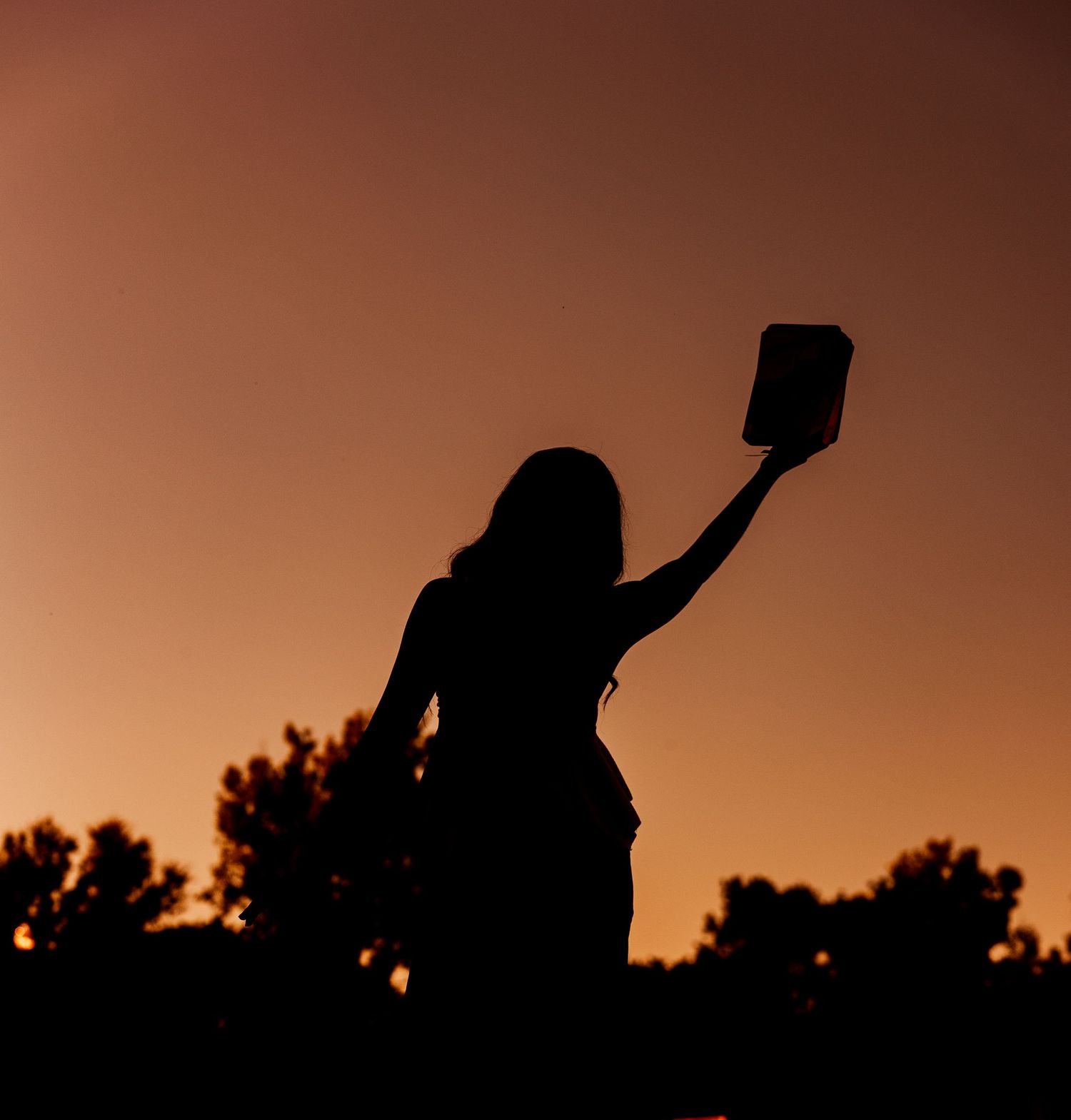 Silhouette of a woman raising a book against a warm golden sunset sky with trees in the background.