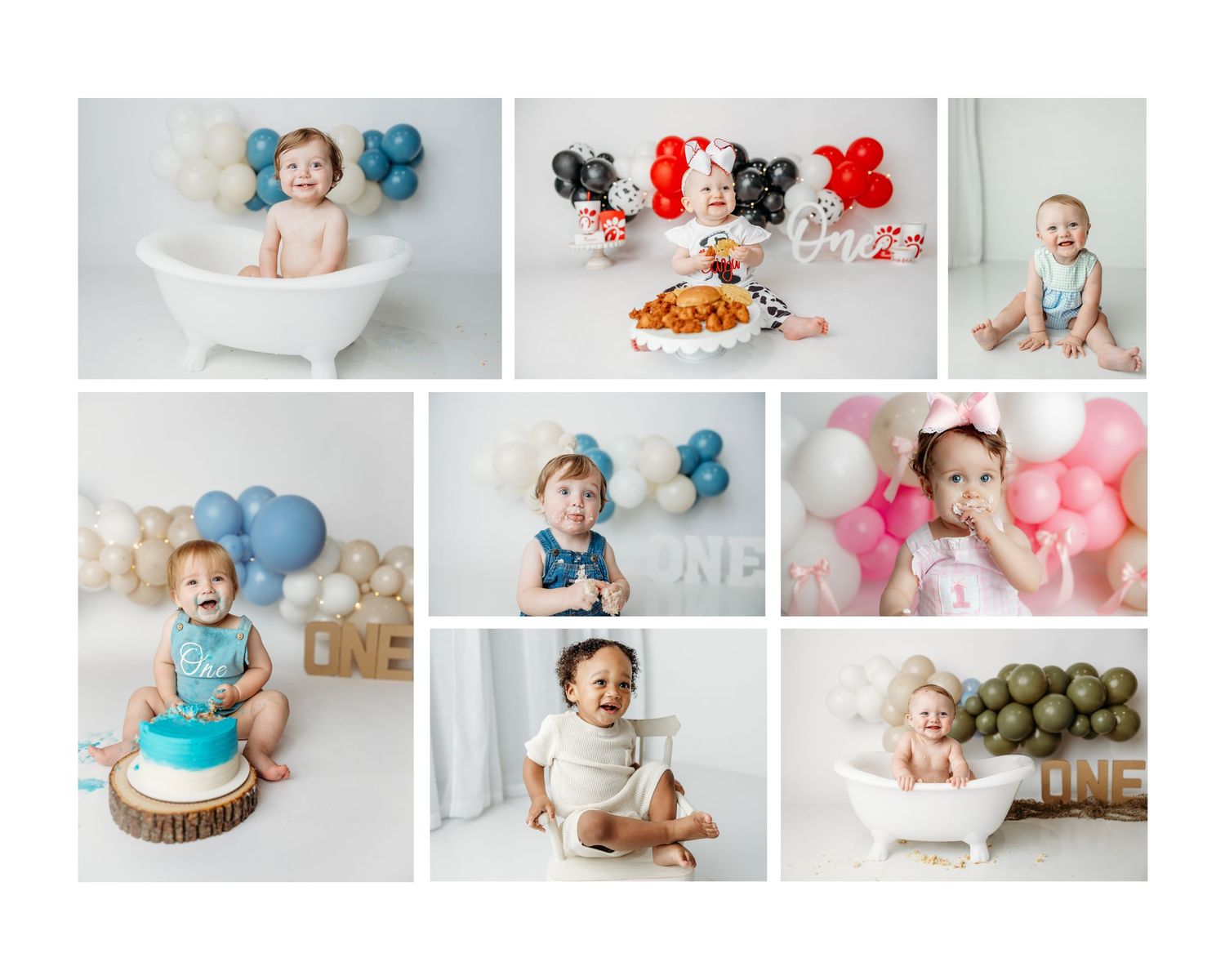 A collage of babies in birthday cake smash photo sessions with pink, blue, and gold balloon decorations and props.