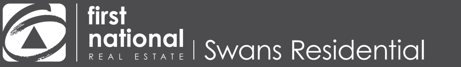 First National Real Estate Swans Residential logo in black and white with distinctive swan-style icon.