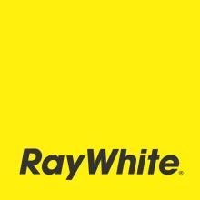 Ray White real estate company logo in black text on a bright yellow square background.