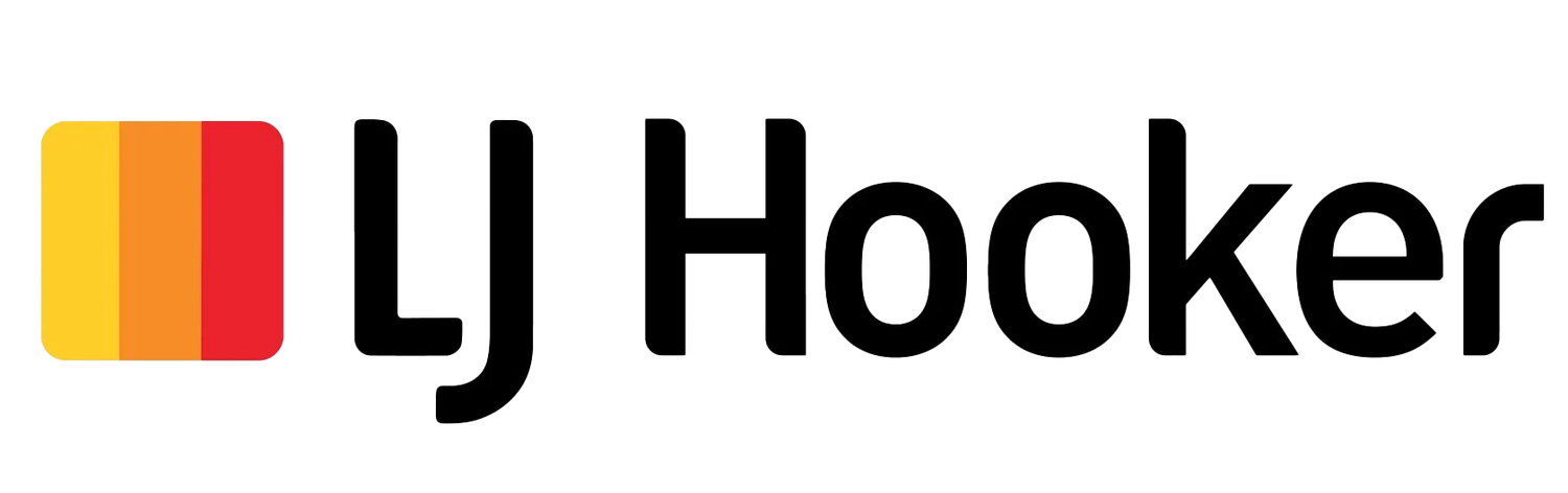 LJ Hooker real estate company logo featuring orange and yellow vertical bars next to black text.