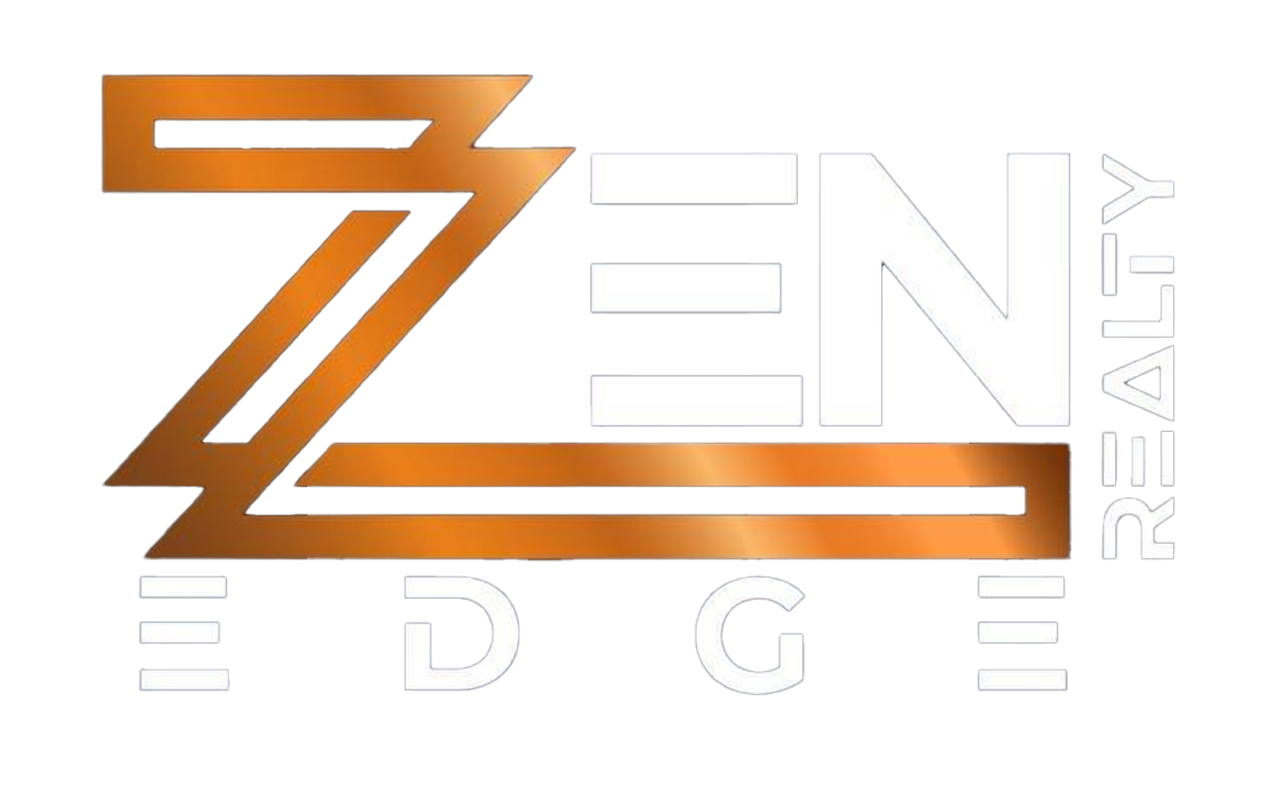 Modern geometric logo design featuring letters 'ZEN' in white and orange with 'EDGE' and 'REALTY' text on black background.