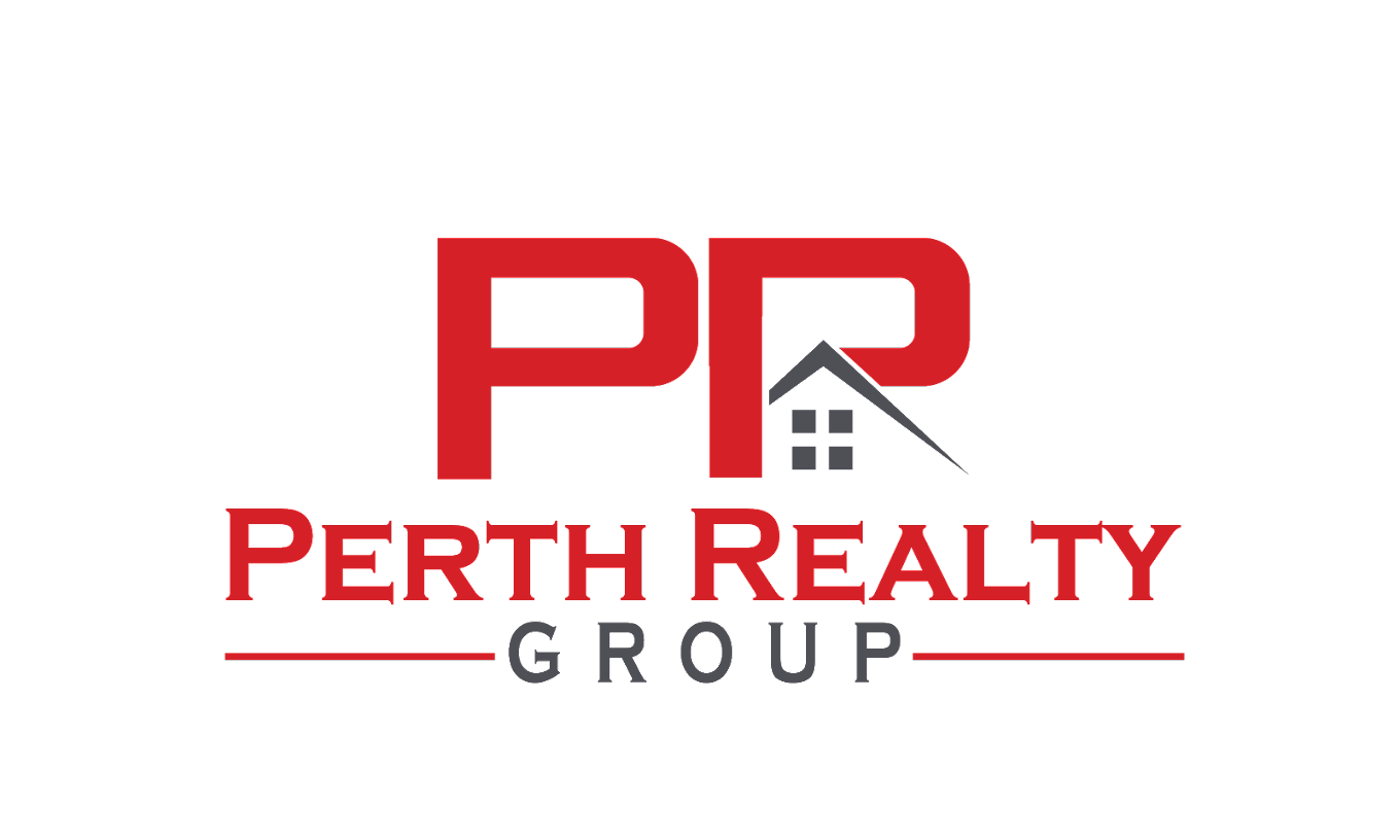 Red and black logo for Perth Realty Group with stylized house roof design.