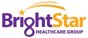 Healthcare company logo design showing a curved orange arch with a star over purple BrightStar text.
