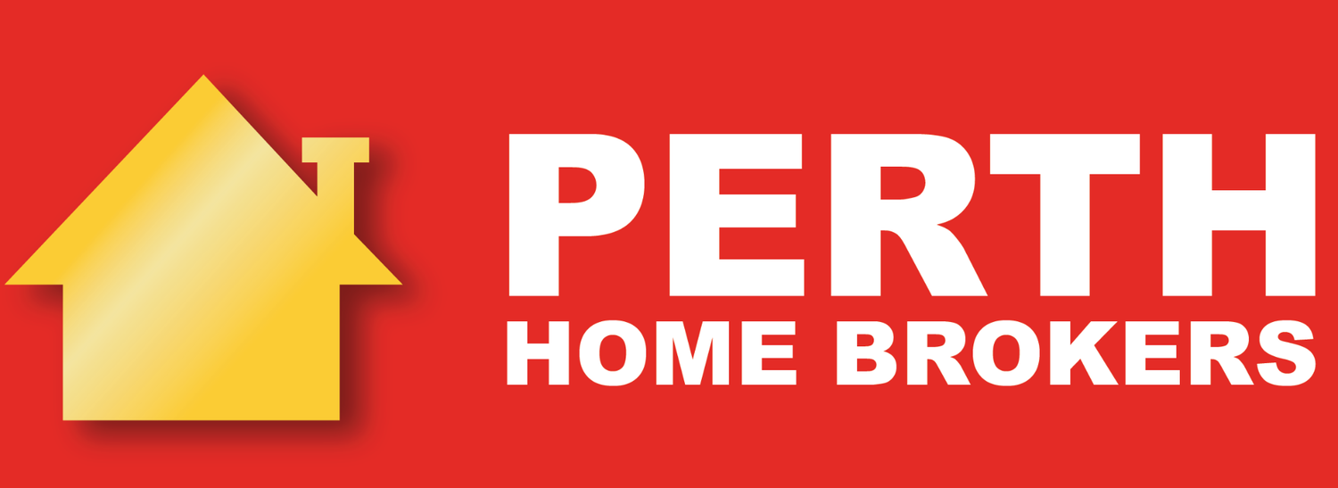 Perth Home Brokers logo and branding in yellow and white text on bright red background.
