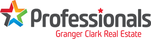 Logo image of Professionals real estate company with star symbol and text next to Granger Clark Real Estate branding.