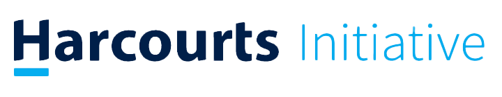 A blue and white logo design for Harcourts Initiative with stylized text lettering.