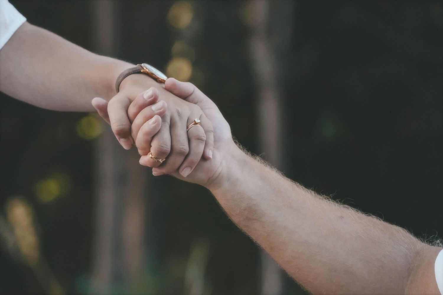 Close-up of two hands clasped together, one wearing a ring, in a dark forest