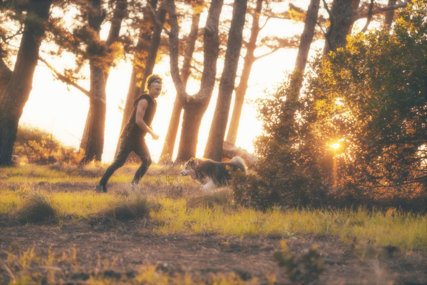Man running through sunlit trees with his dog at golden hour in Cape Town