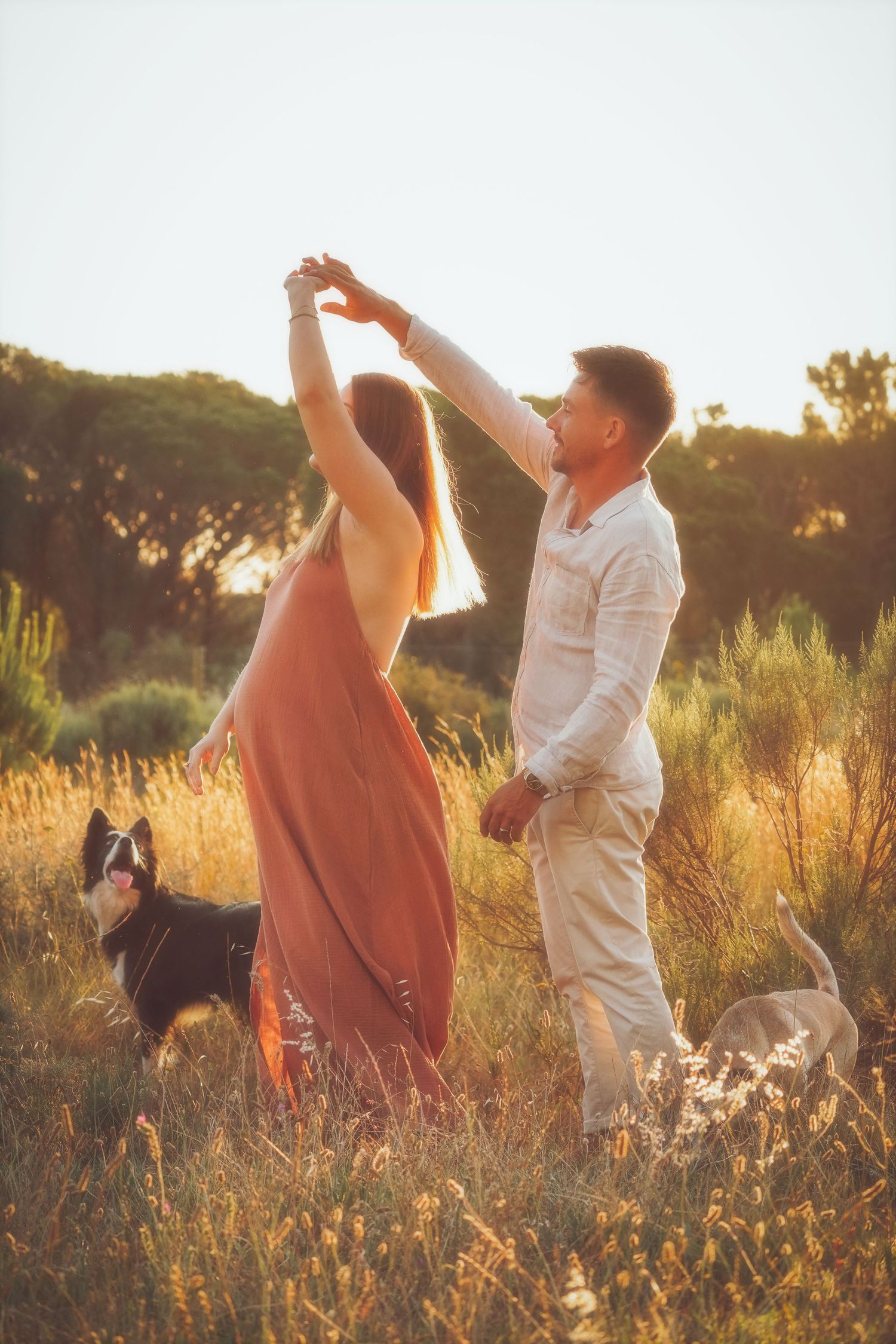 Couple dancing in a field with two dogs watching nearby