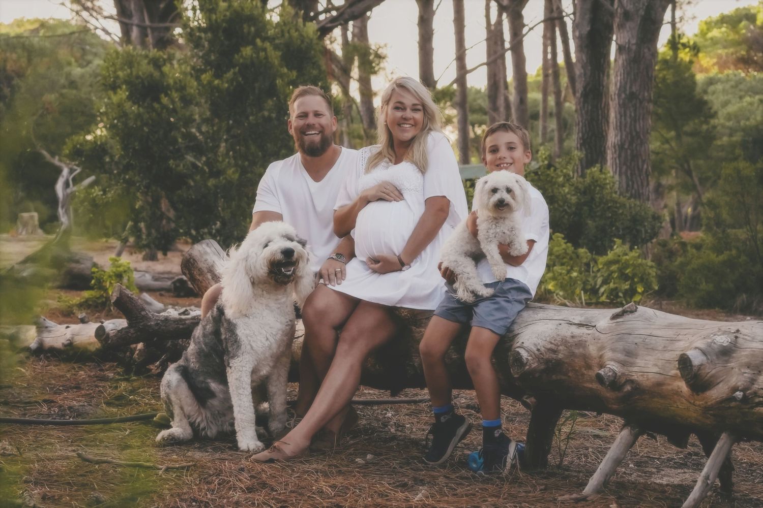 Expecting parents and their young son on a fallen log with two dogs