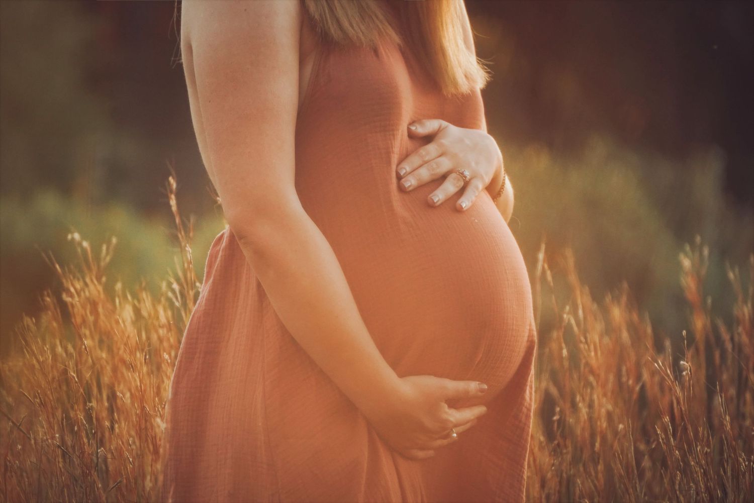 Hands cradling a pregnant belly in a terracotta dress, tall grass behind