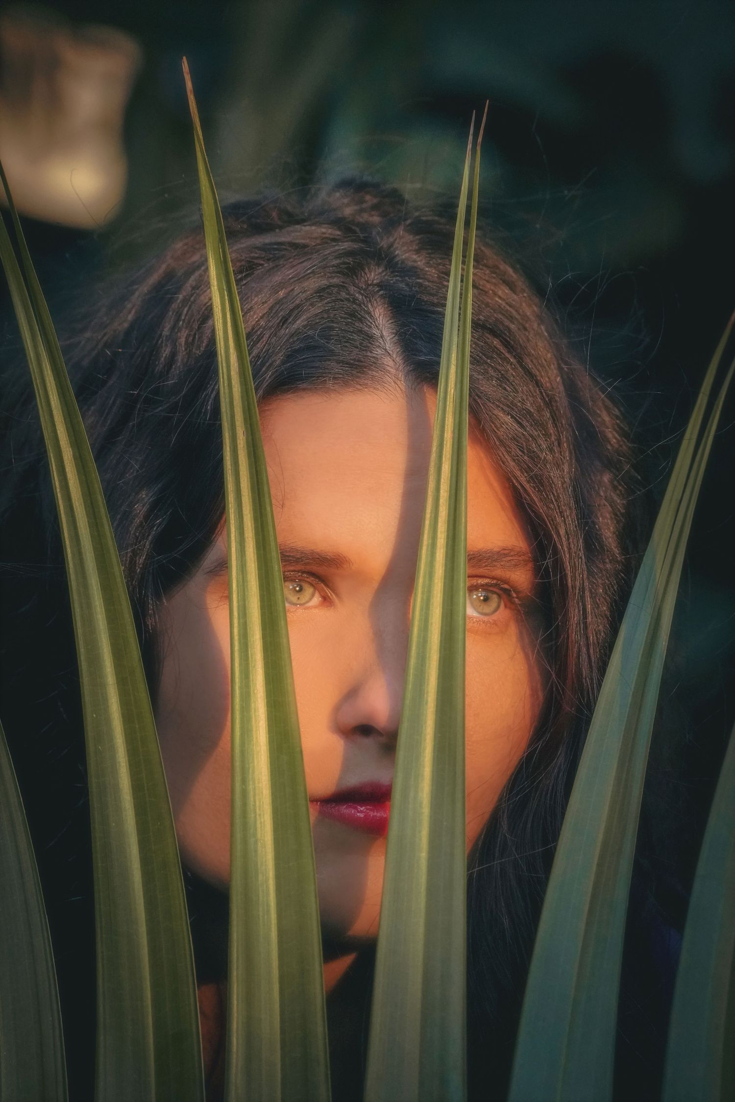 Close-up of a woman's face framed by long, sunlit green leaves