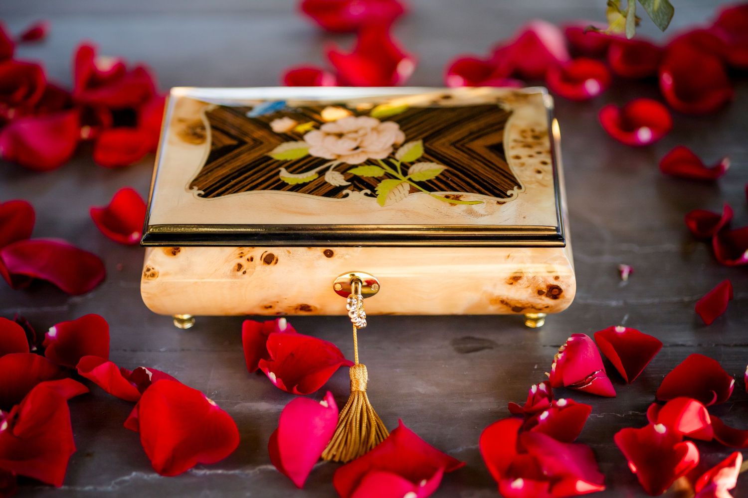 Engagement ring surrounded by red rose petals during a romantic celebration at Nekajui, Costa Rica.