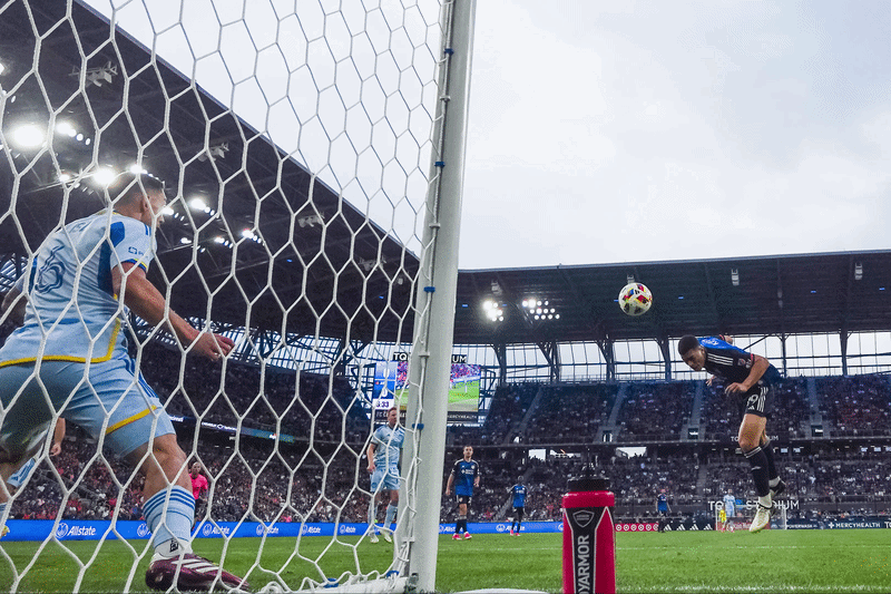 Goal-line view of an FC Cincinnati player heading a soccer ball toward goal while defenders and spectators look on from behind the net.