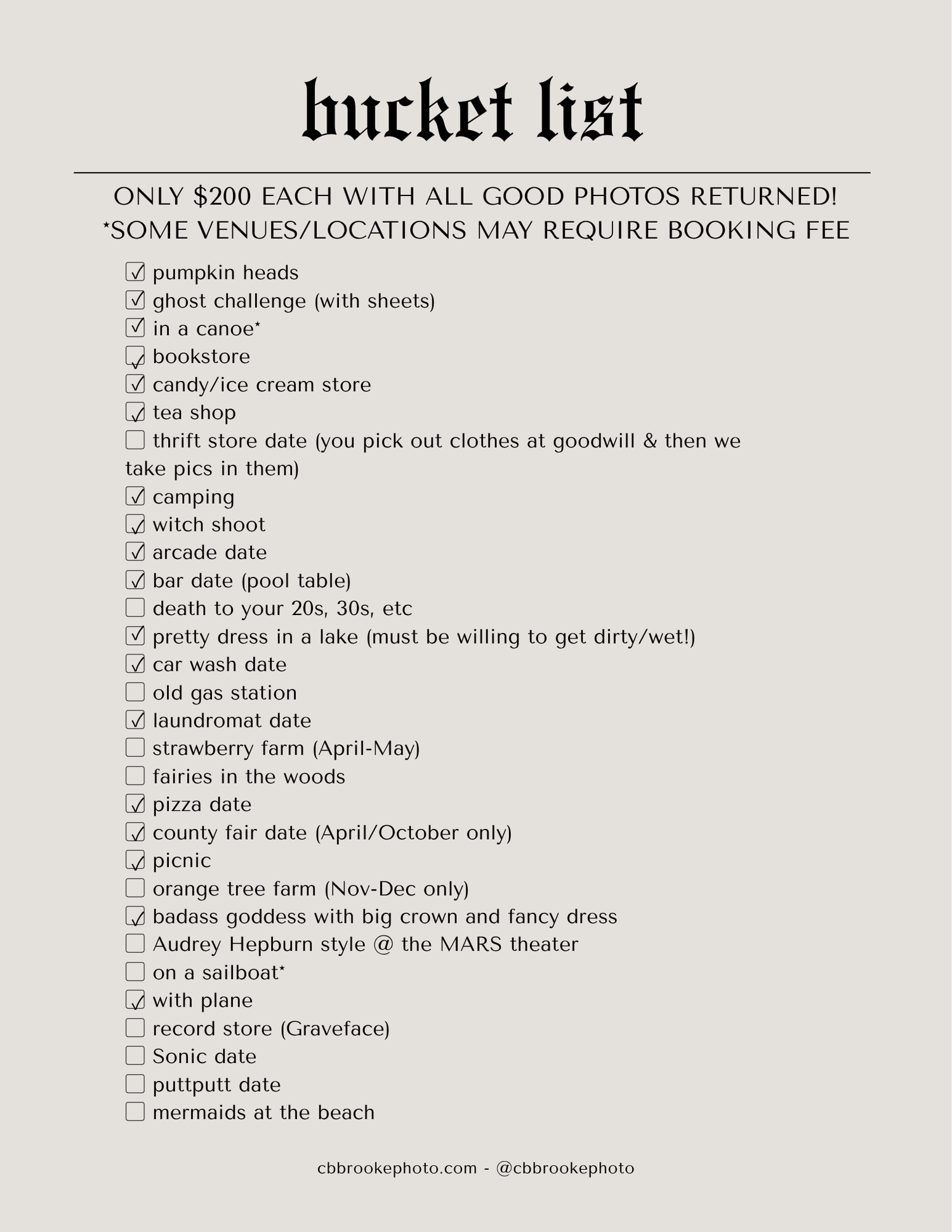 Photography bucket list graphic with a checklist of themed photo shoot ideas, $200 each with all good photos returned, by CB Brooke Photo.