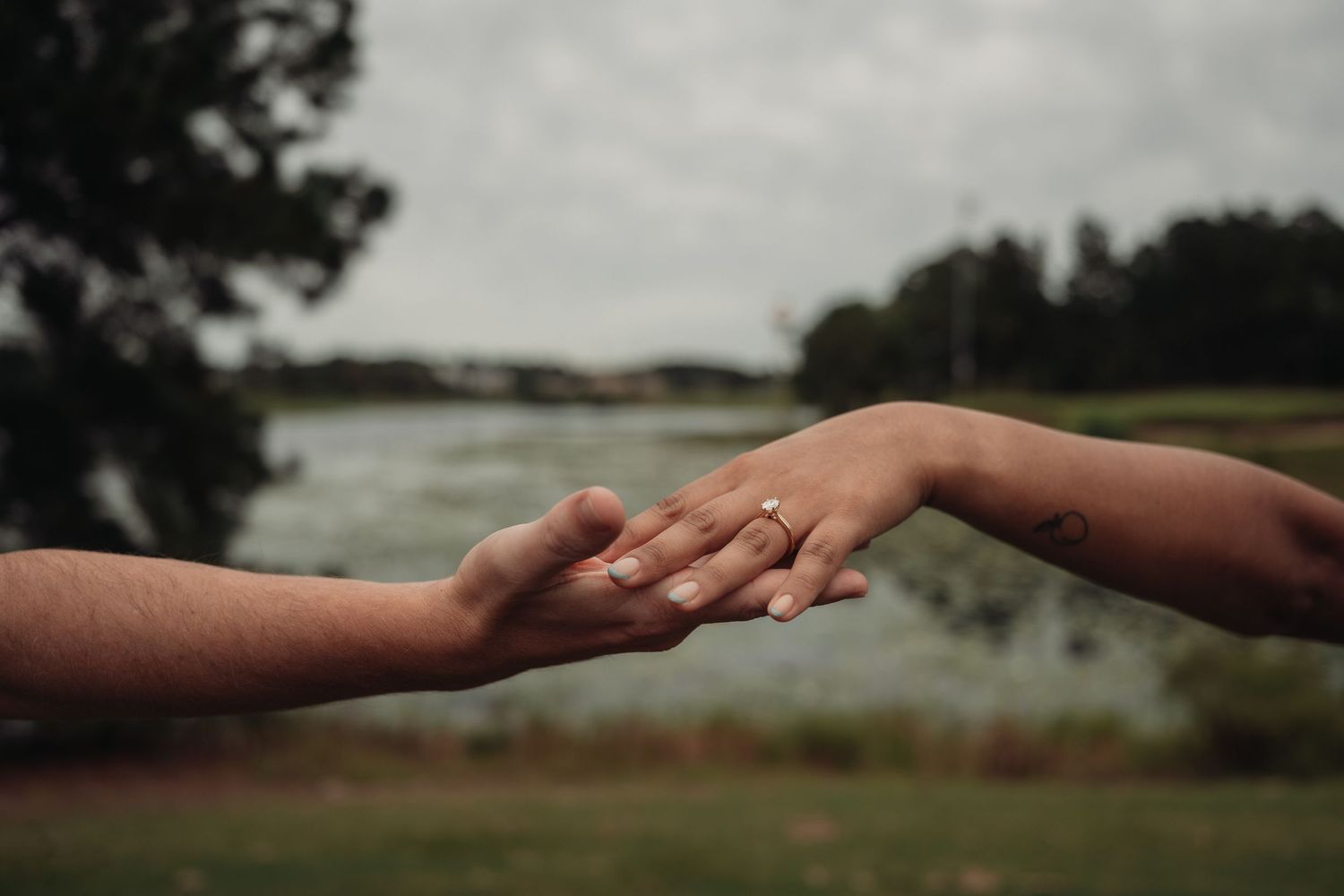 Two hands gently touching outdoors, one wearing an engagement ring, with a lake and trees in the background.