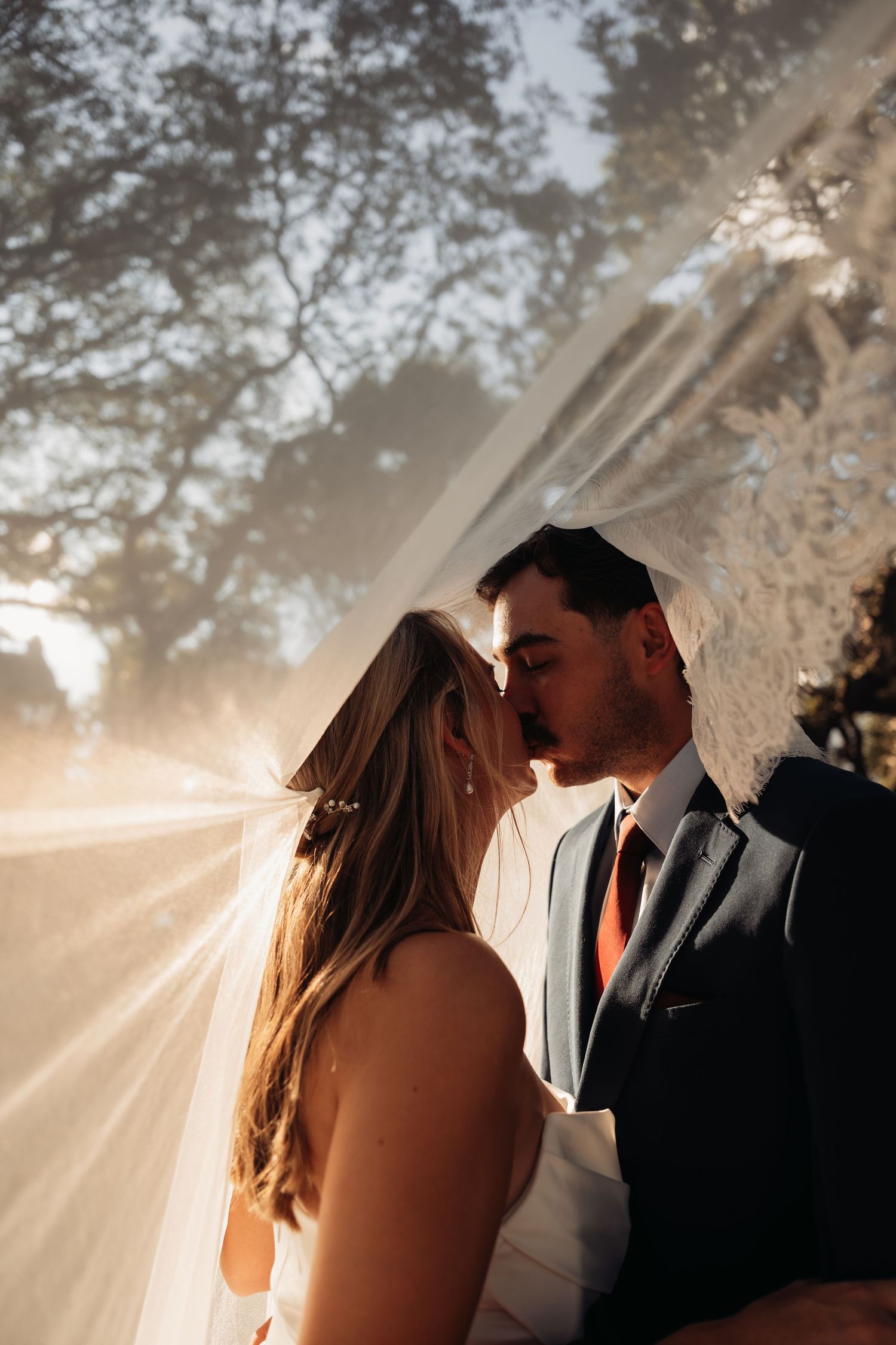 Couple shares an intimate kiss beneath a flowing wedding veil in warm golden sunlight outdoors.