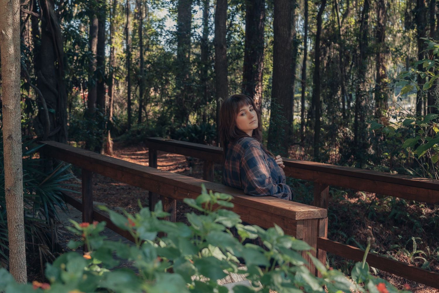 A young woman sits on a wooden fence in a lush forest, gazing upward surrounded by tall trees and green foliage.