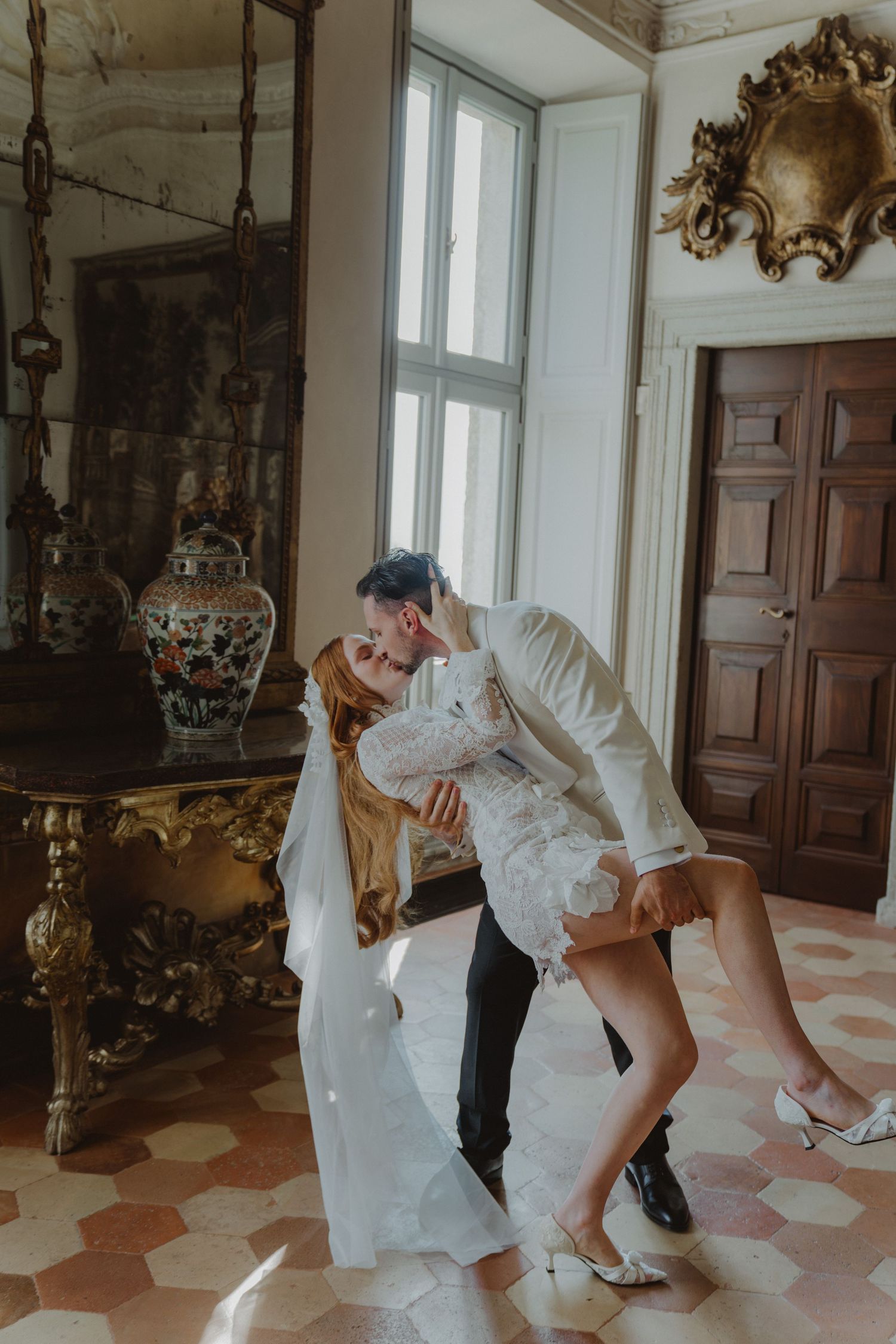 Romantic portrait of an elegant couple during their Lake Como wedding