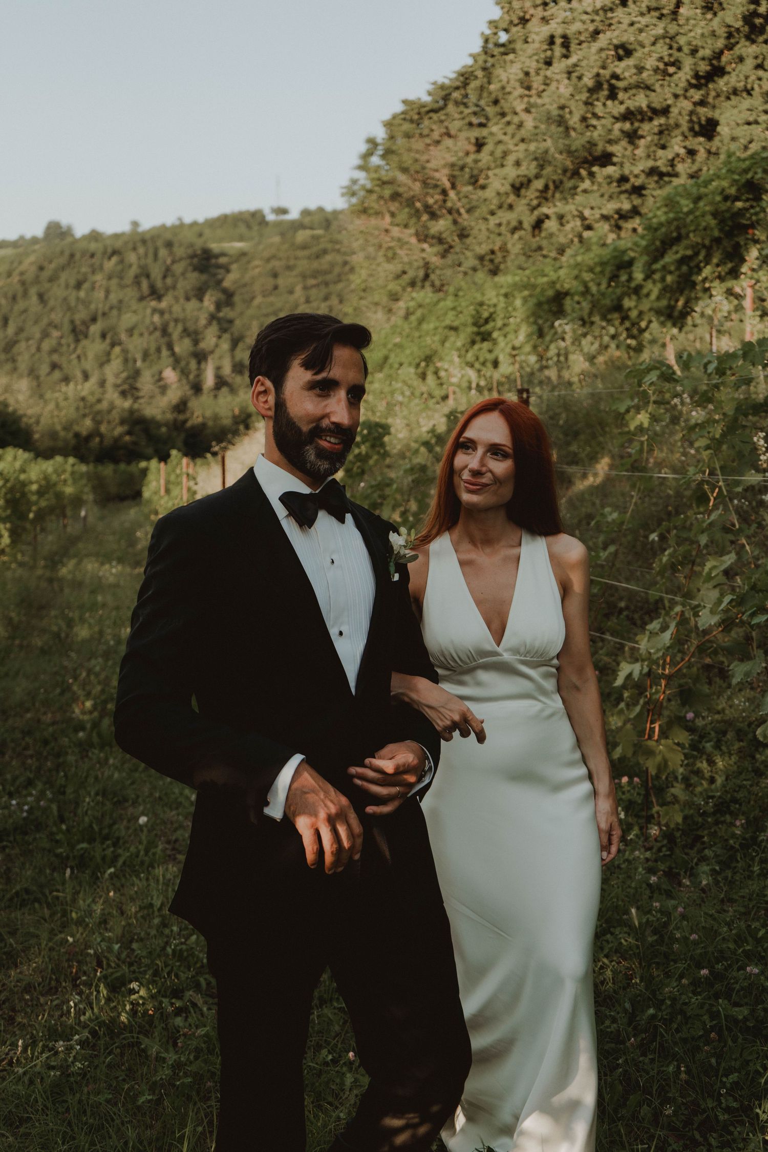 Wedding couple standing together at a historic villa in Verona, Italy.