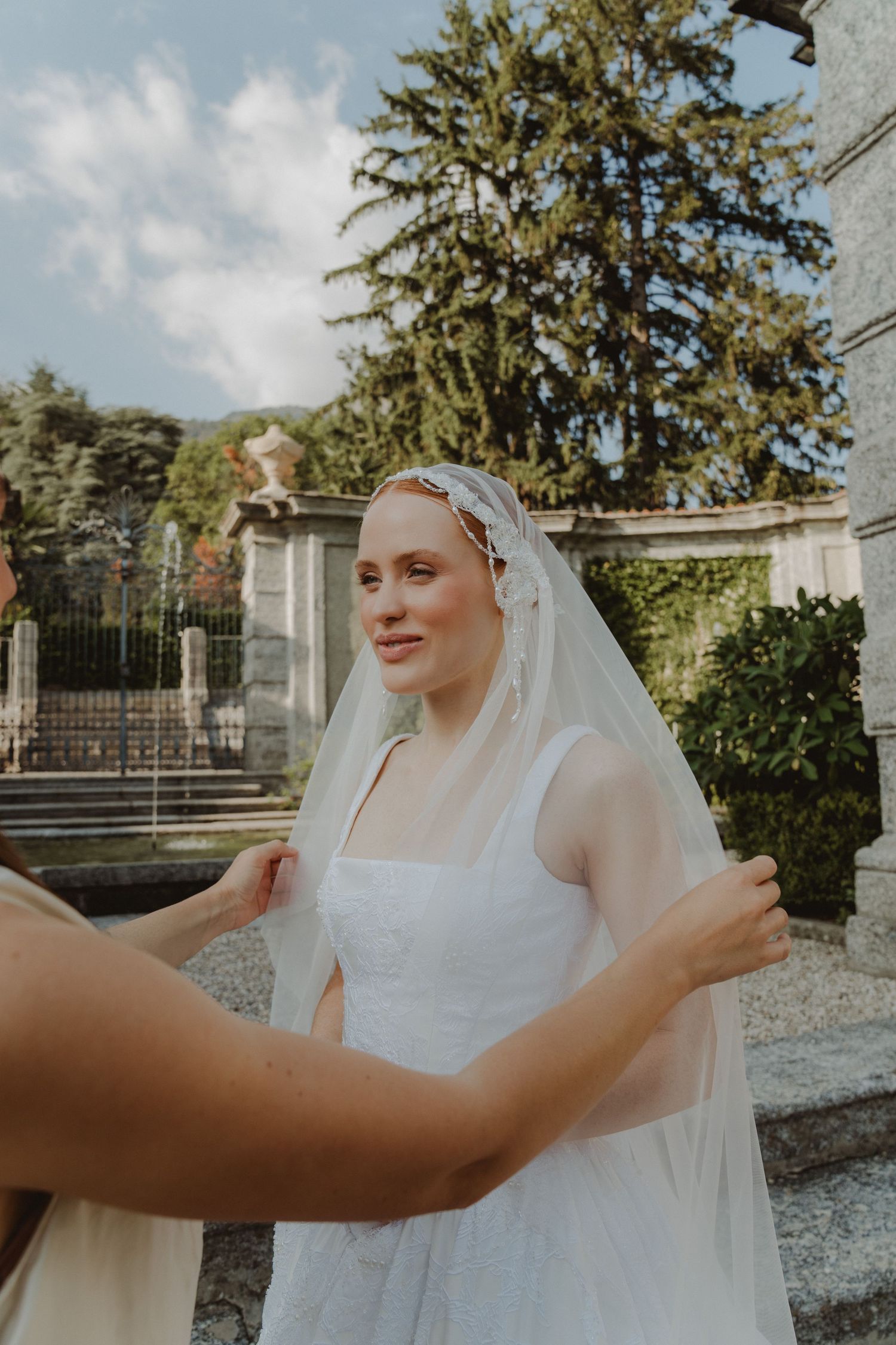 Romantic newlywed portrait at Villa Balbiano, Lake Como