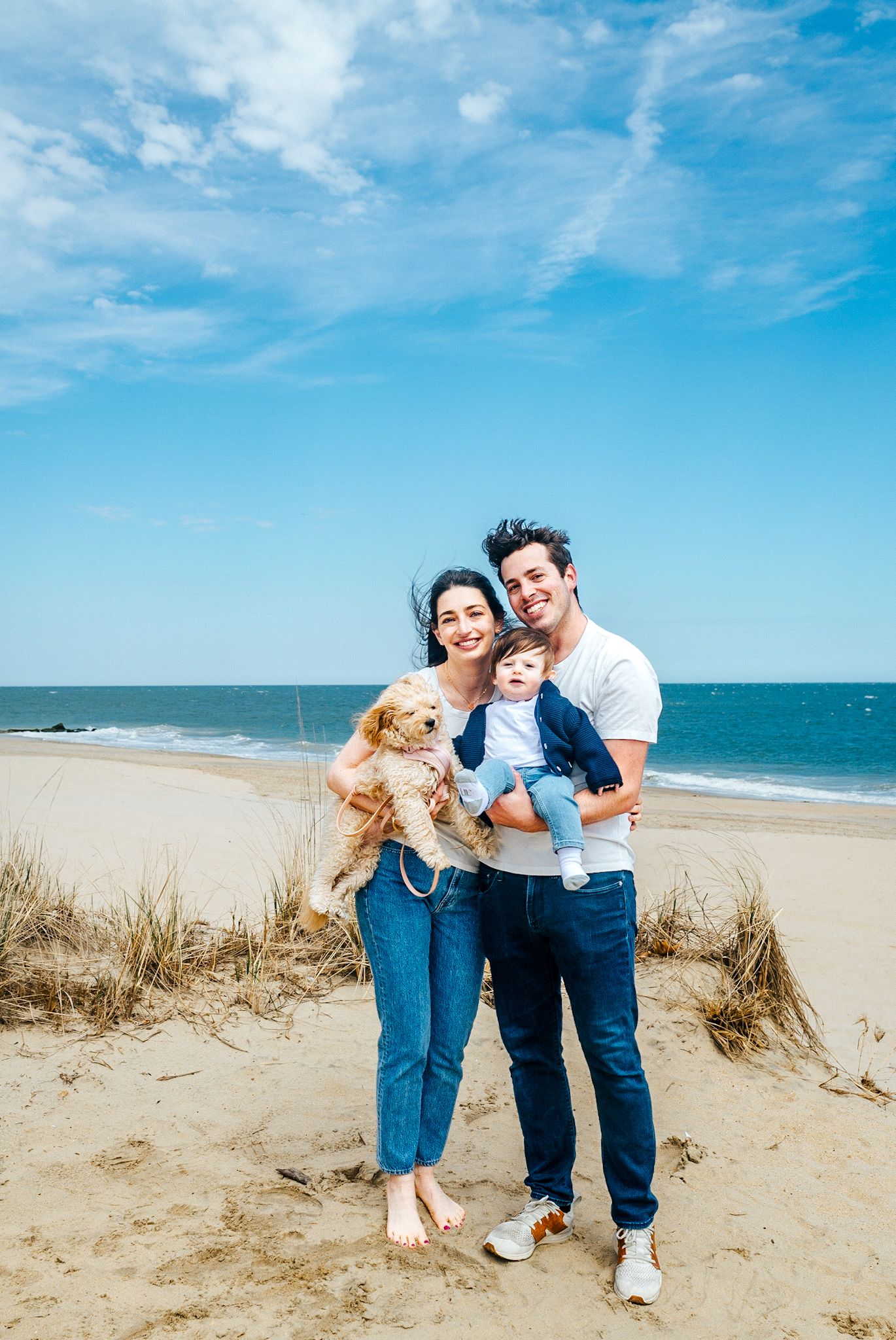 Young family with baby and golden puppy posing on sandy beach under blue sky for a portrait photo.