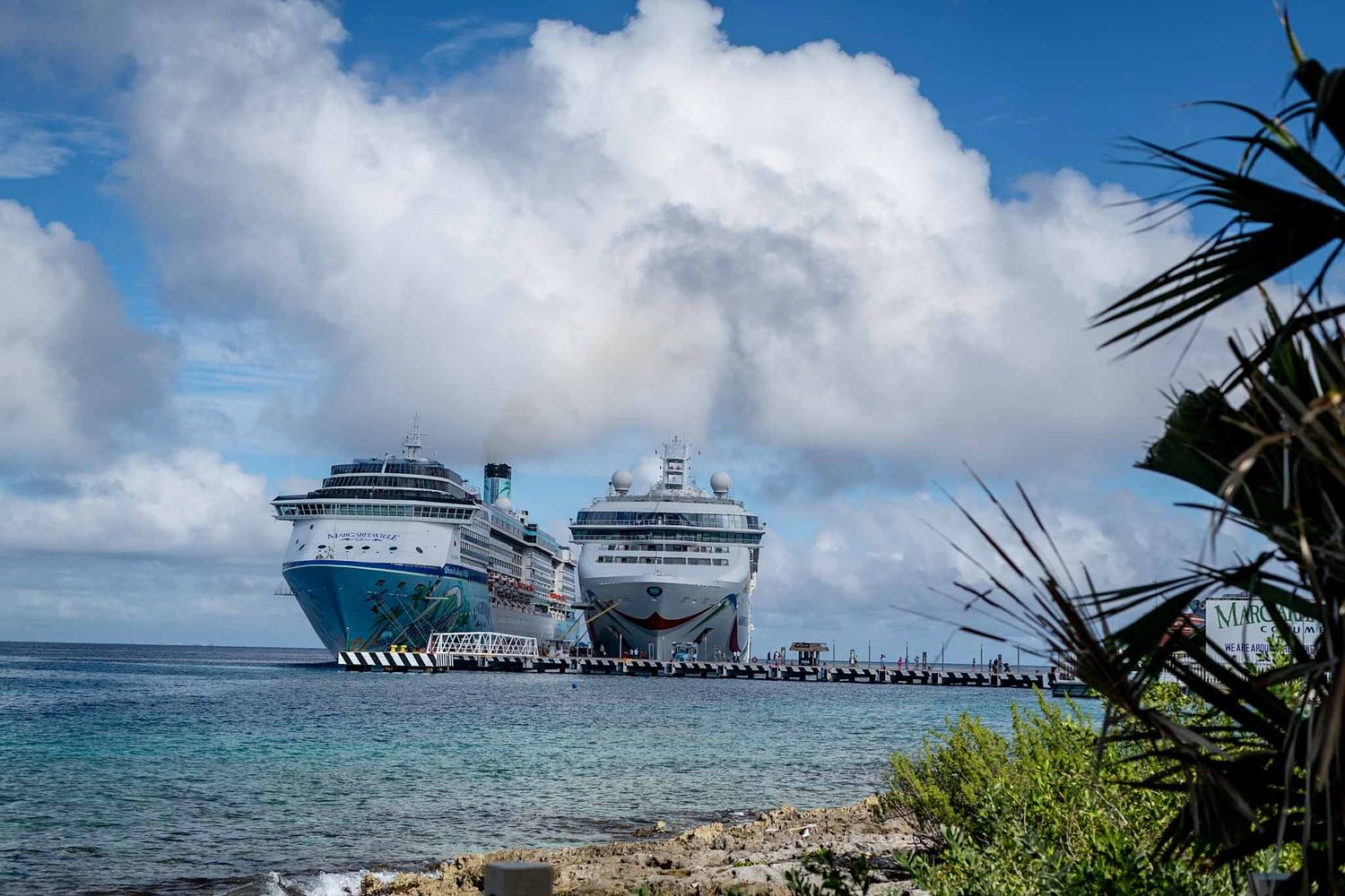 Multiple cruise ships anchored near a tropical island beach with turquoise waters and palm trees in the foreground.