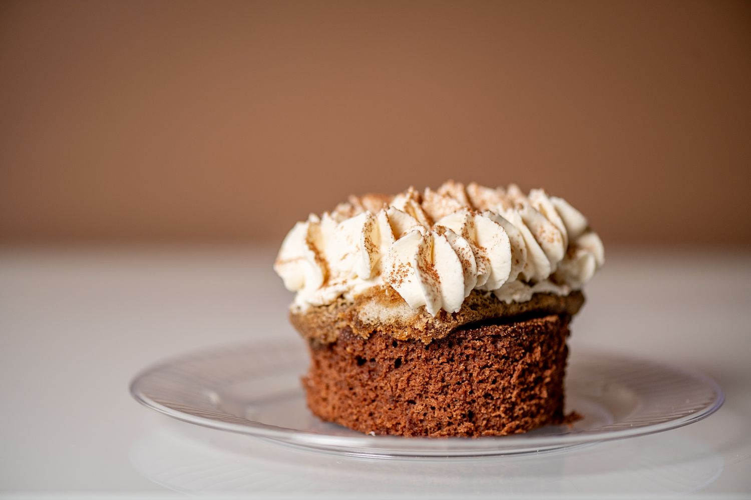 Chocolate dessert with whipped cream topping served on a white plate.