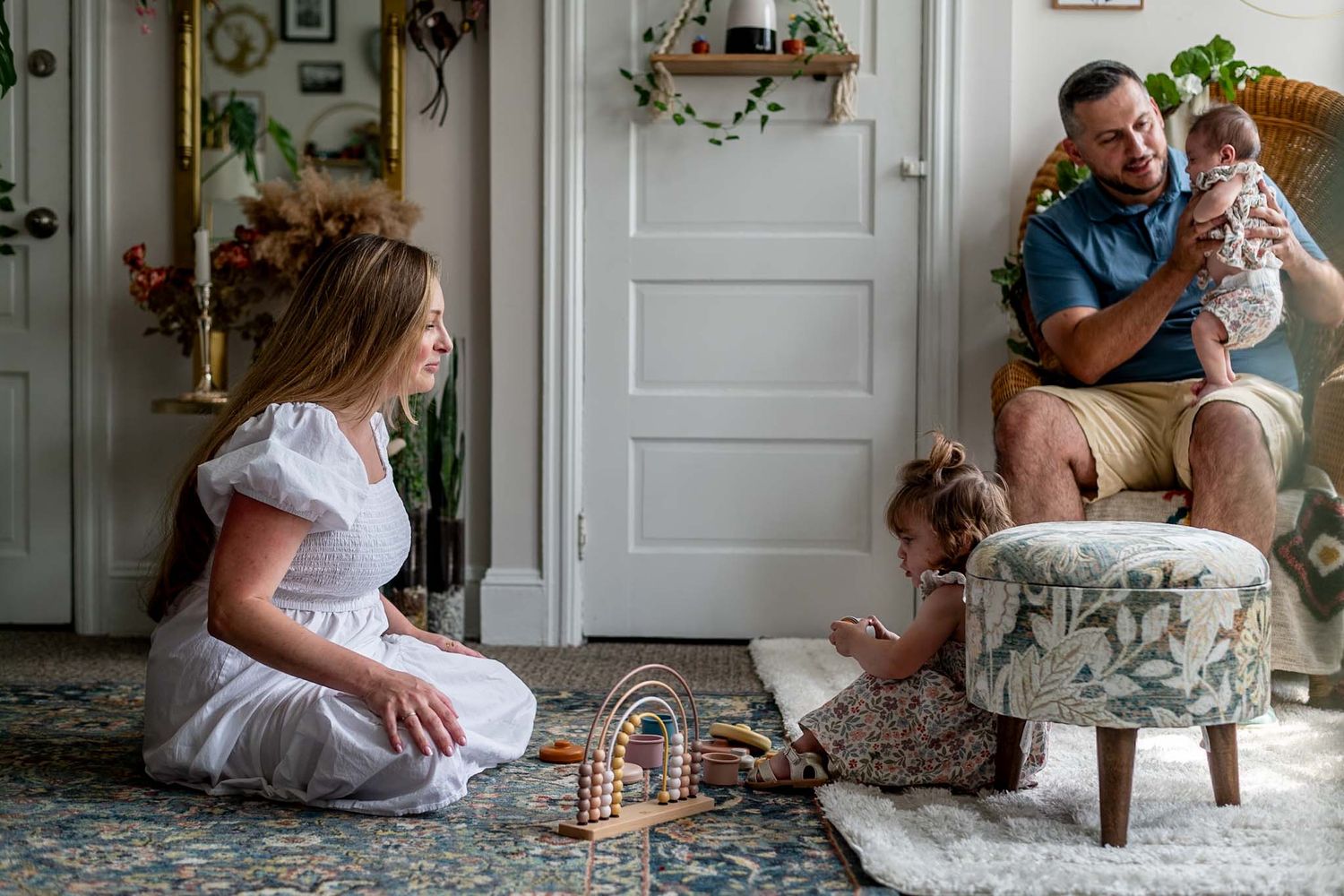 A series of casual moments captured in a cozy indoor setting with white walls and green accents.