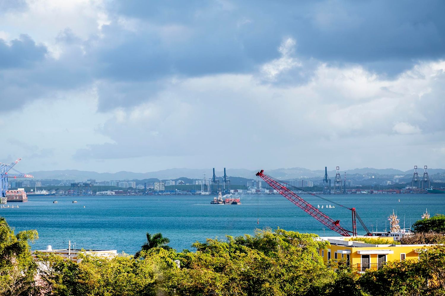 Panoramic view of a tropical harbor with cranes, ships, and lush green trees under a cloudy sky.
