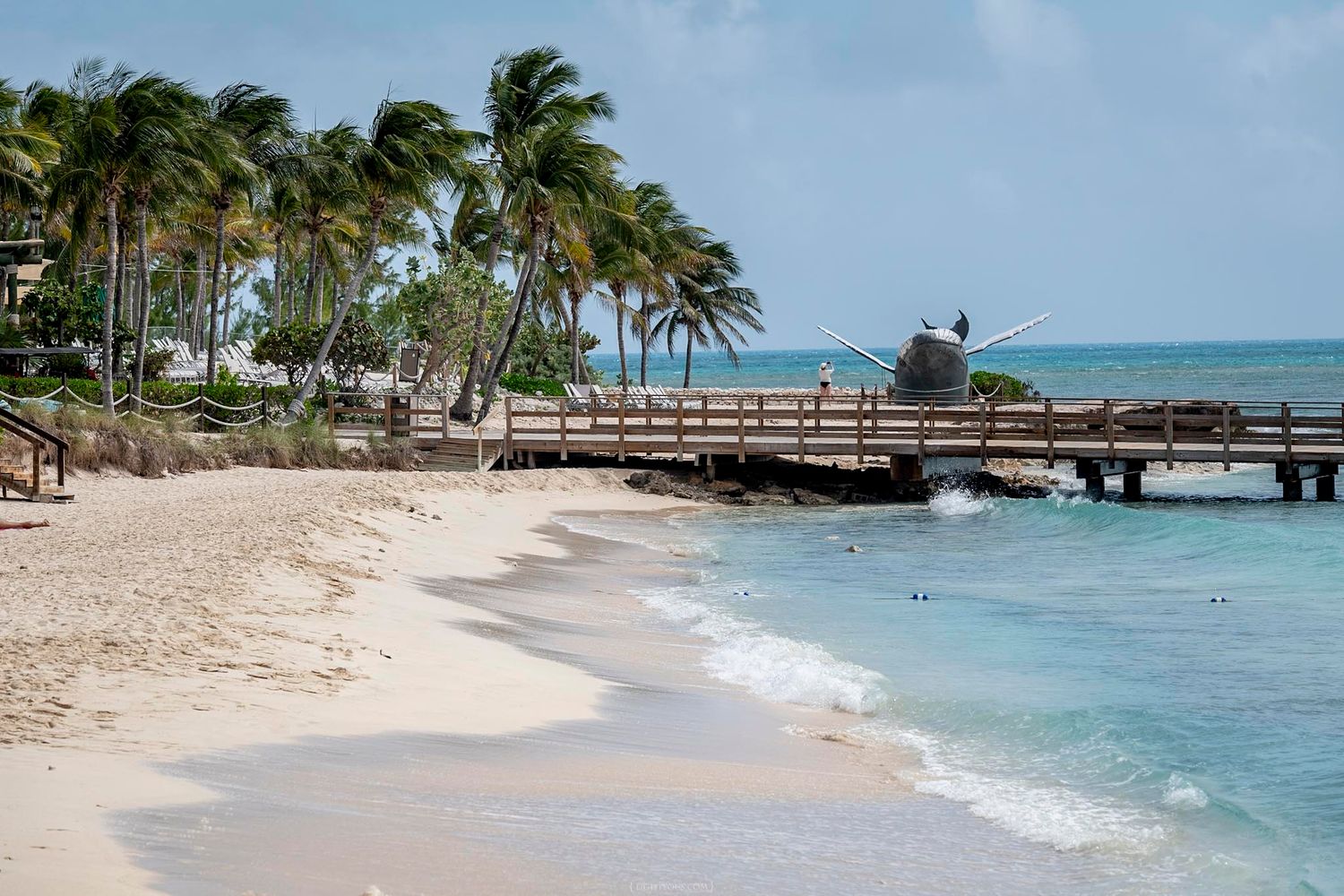 Tropical white sand beach with swaying palm trees and a wooden pier extending into crystal clear Caribbean waters.