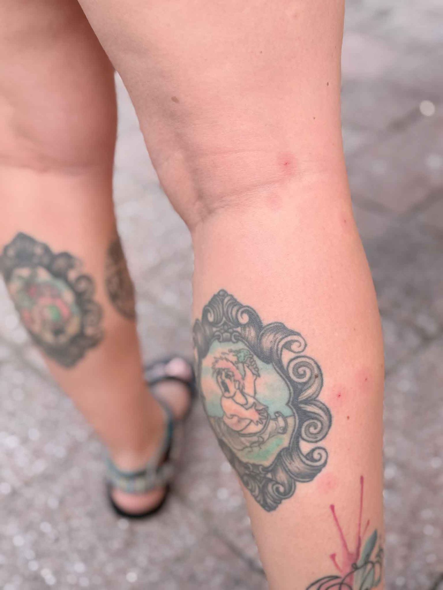 Close-up sequence of colorful mermaid tattoo designs on skin showing different angles and details.