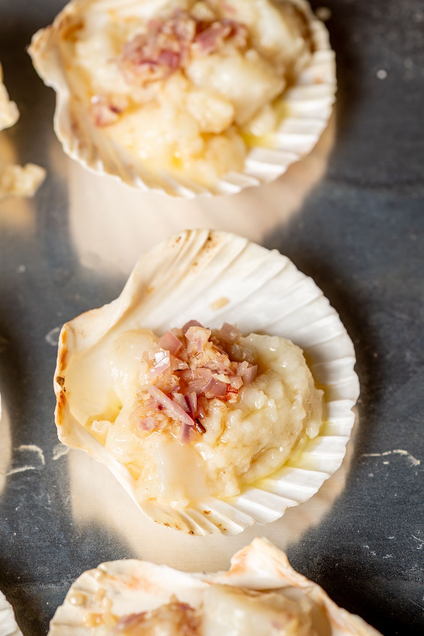 Seafood appetizers served in delicate white scallop shells on a dark surface.